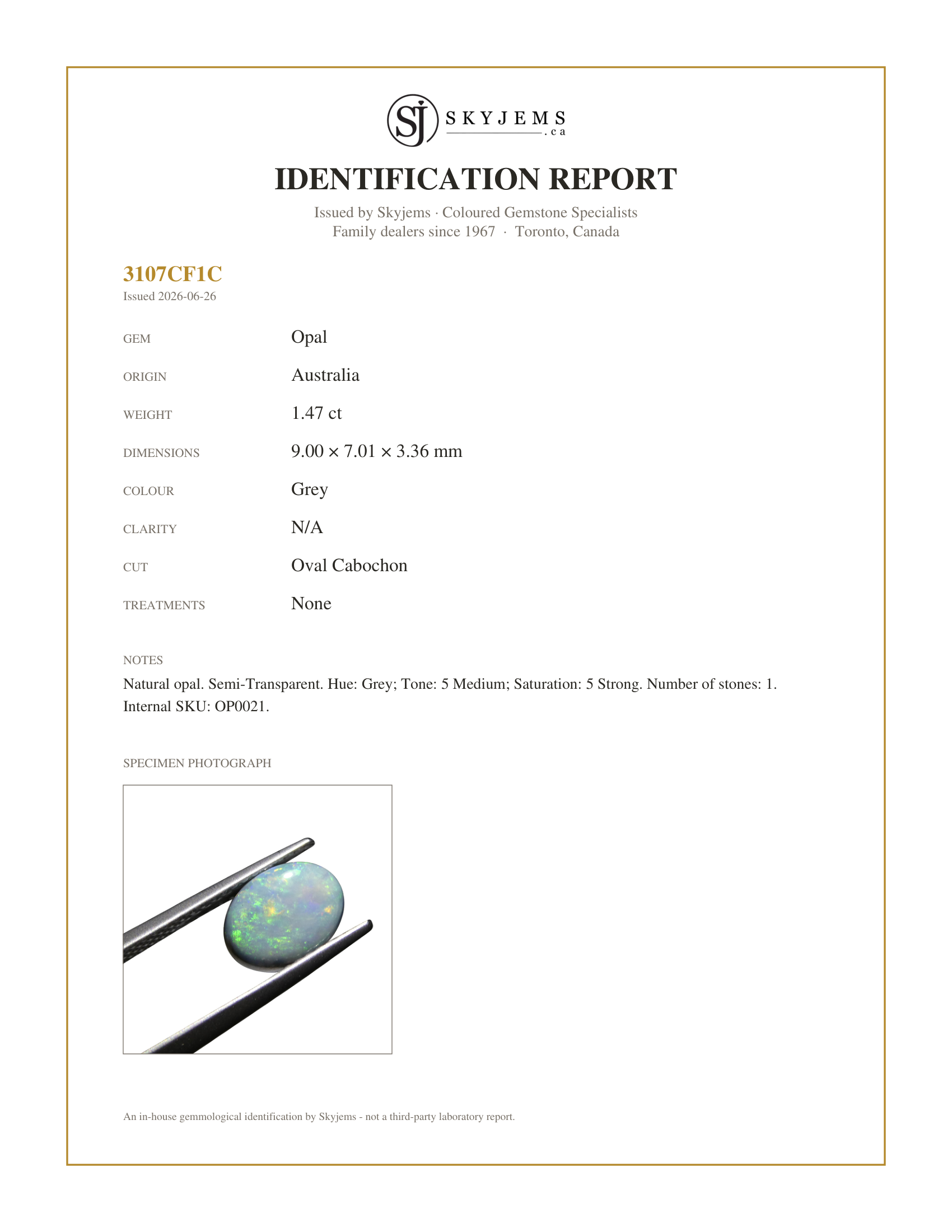 Skyjems Identification Report for OP0021 — 1.47ct Oval Cabochon Grey Opal from Australia