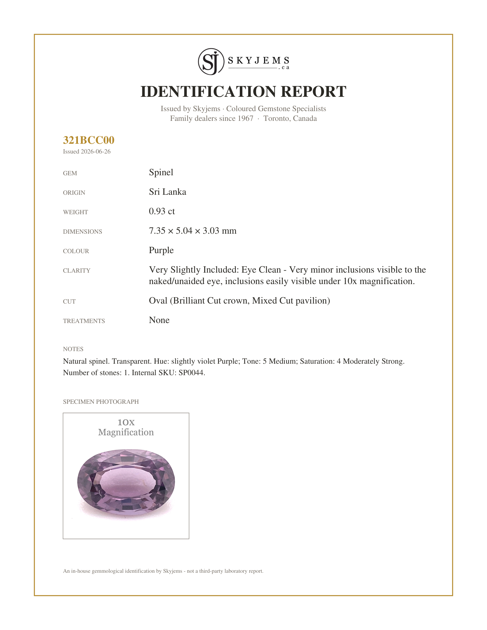 Skyjems Identification Report for SP0044 — 0.93ct Oval Lavender Purple Spinel from Sri Lanka Unheated