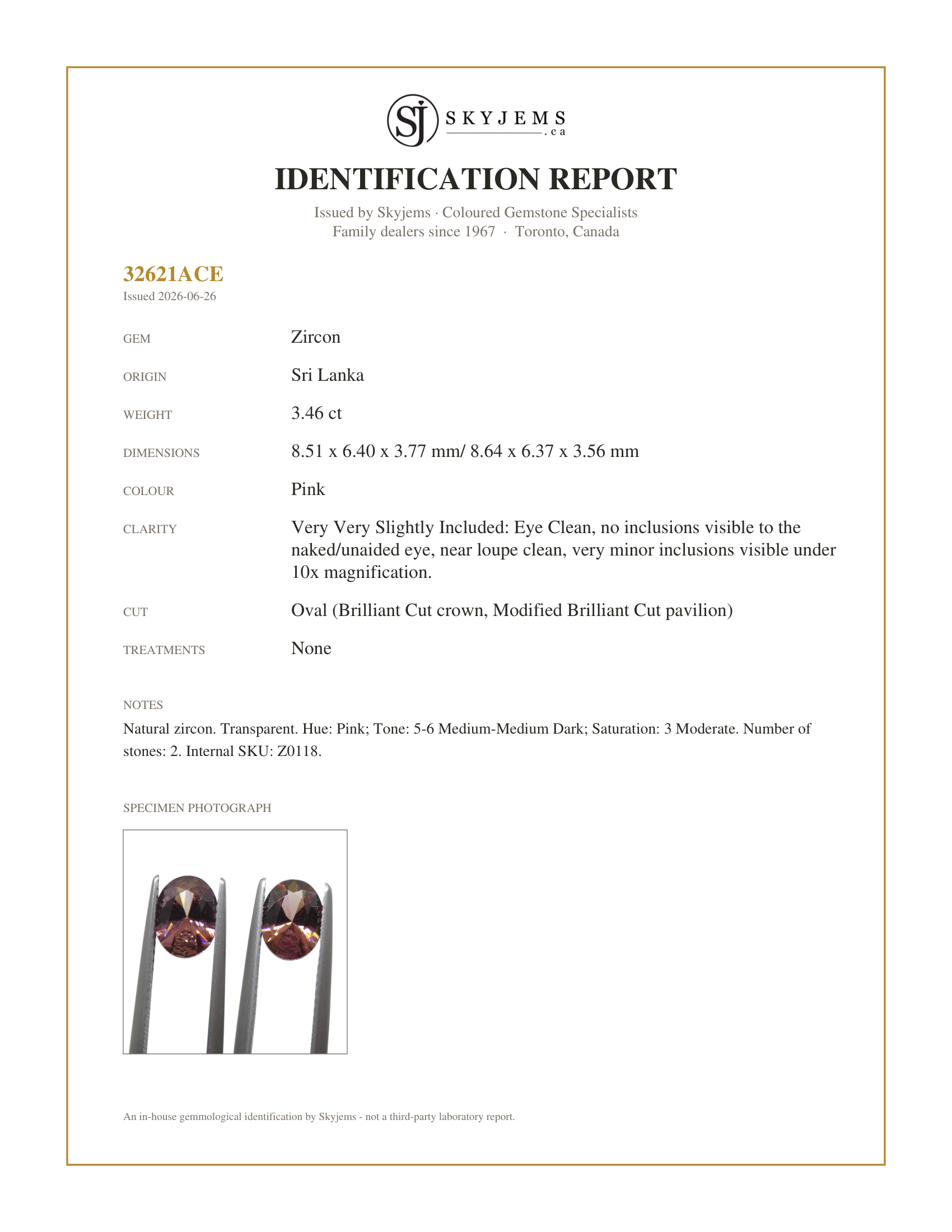 Skyjems Identification Report for Z0118 — 3.46ct Natural Earth Mined Pair Oval Master Brilliant Cut Pink Zircon from Sri Lanka