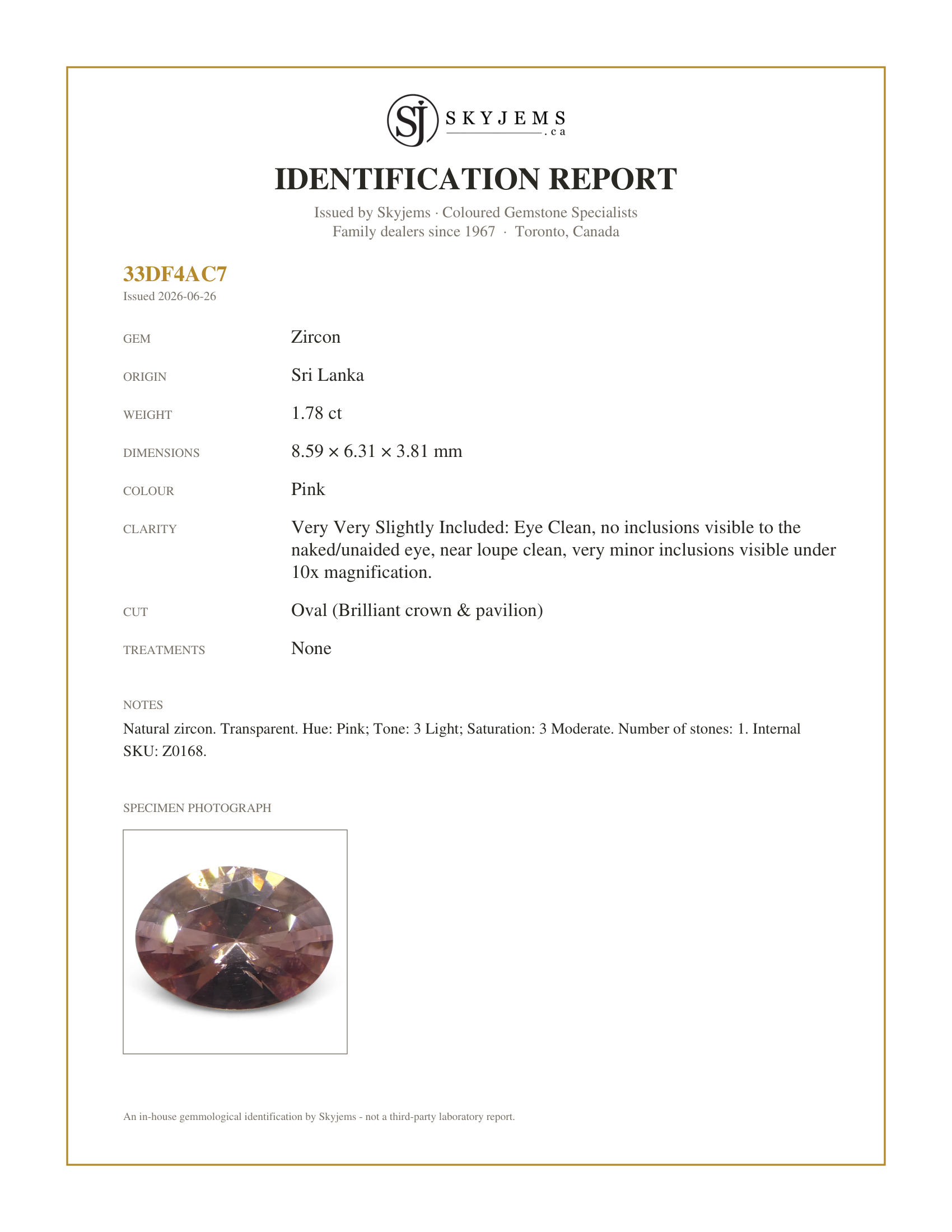 Skyjems Identification Report for Z0168 — 1.78ct Natural Earth Mined Oval Master Brilliant Cut Pink Zircon from Sri Lanka