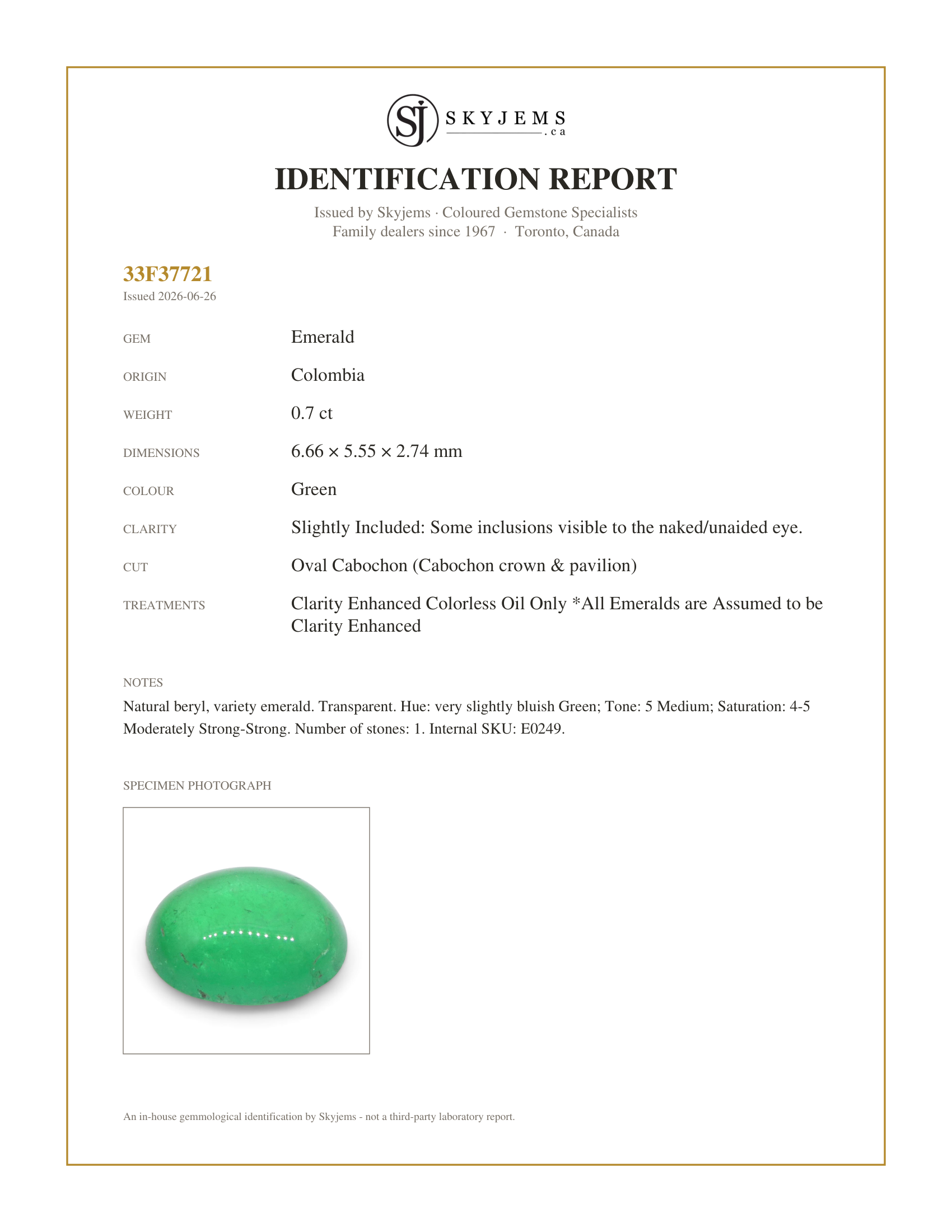 Skyjems Identification Report for E0249 — 0.7ct Oval Cabochon Green Emerald from Colombia