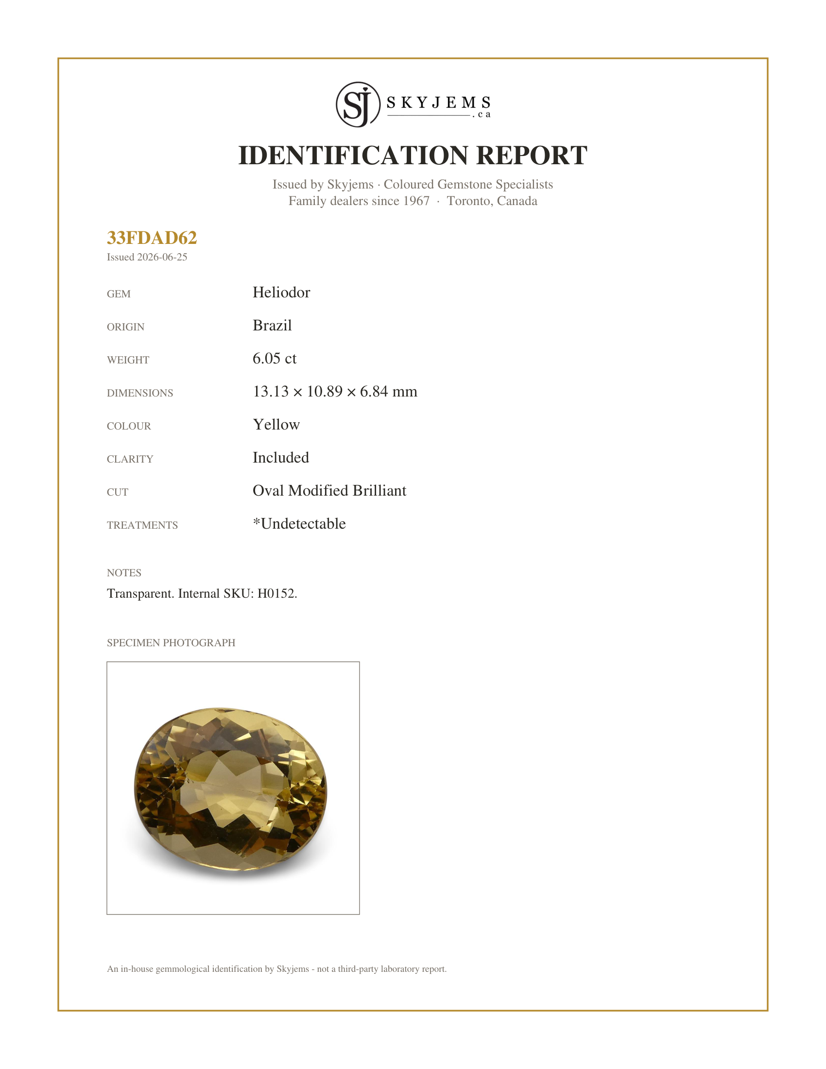 Skyjems Identification Report for H0152 — 6.05 ct Oval Heliodor, Golden Yellow Beryl CGL-GRS Certified