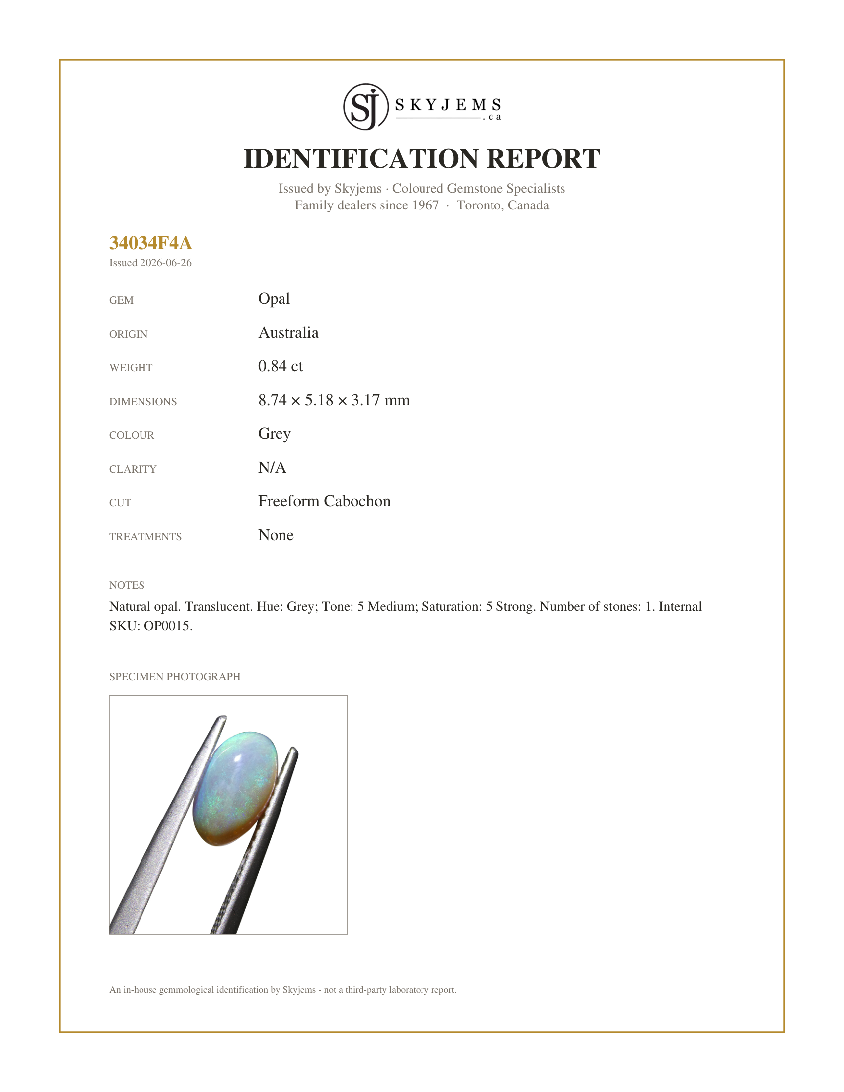 Skyjems Identification Report for OP0015 — 0.84ct Freeform Cabochon Grey Opal from Australia