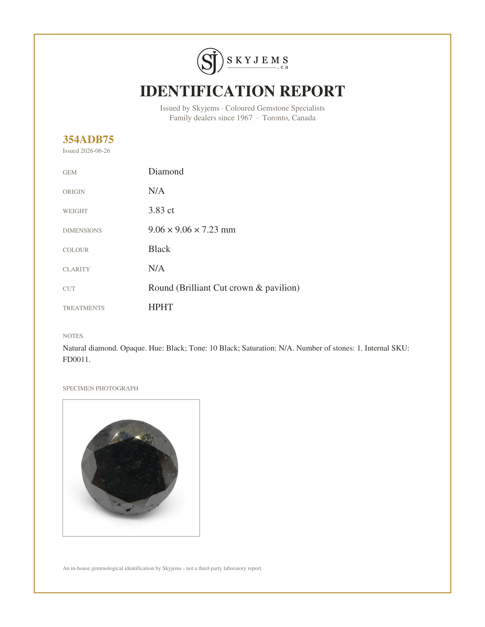 Skyjems Identification Report for FD0011 — 3.83ct Round Brilliant Cut Black Diamond