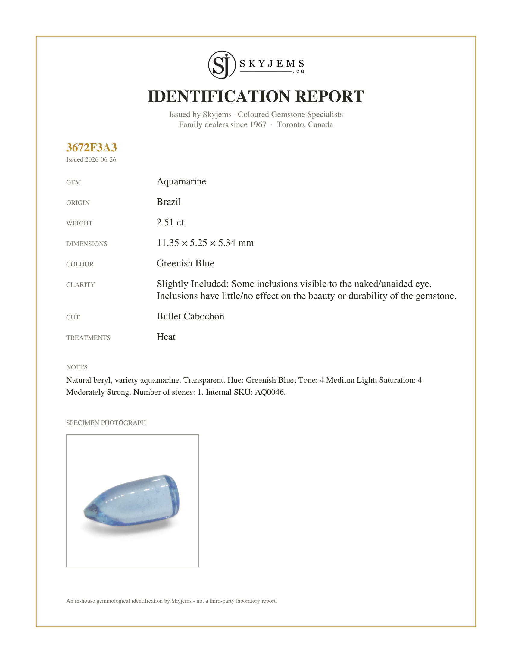Skyjems Identification Report for AQ0046 — 2.51ct Bullet Cabochon Blue Aquamarine from Brazil