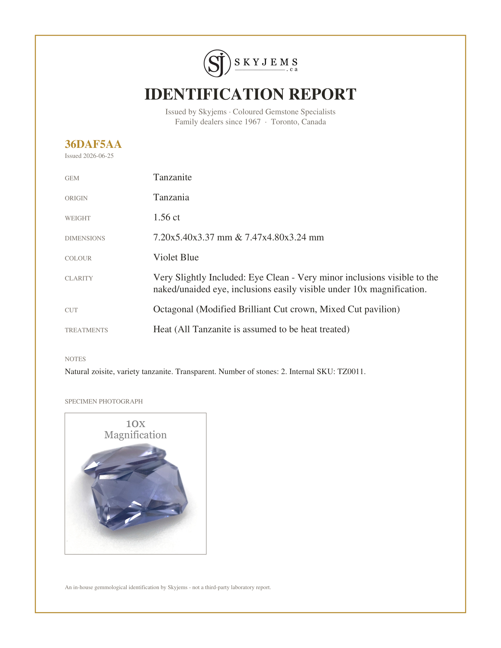 Skyjems Identification Report for TZ0011 — 1.56ct Octagonal Tanzanite Precision Cut Pair
