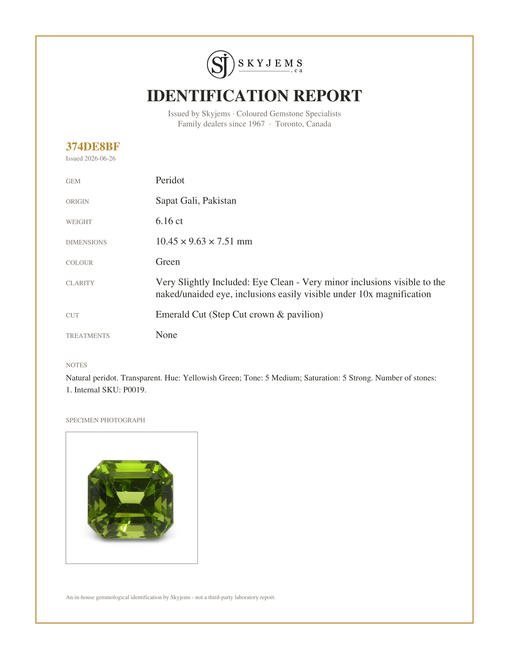 Skyjems Identification Report for P0019 — 6.16ct Emerald Cut Yellowish Green Peridot