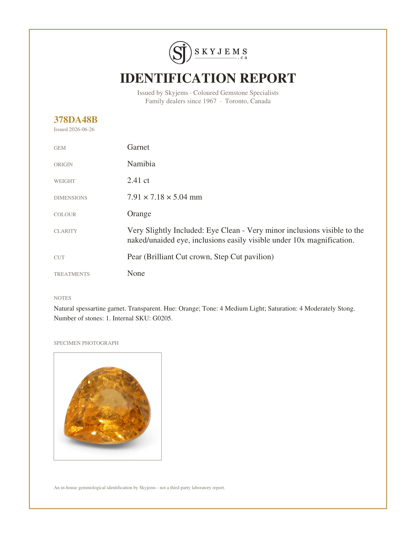 Skyjems Identification Report for G0205 — 2.41ct Pear Fanta Orange Mandarin Spessartite/Spessartine Garnet from Namibia