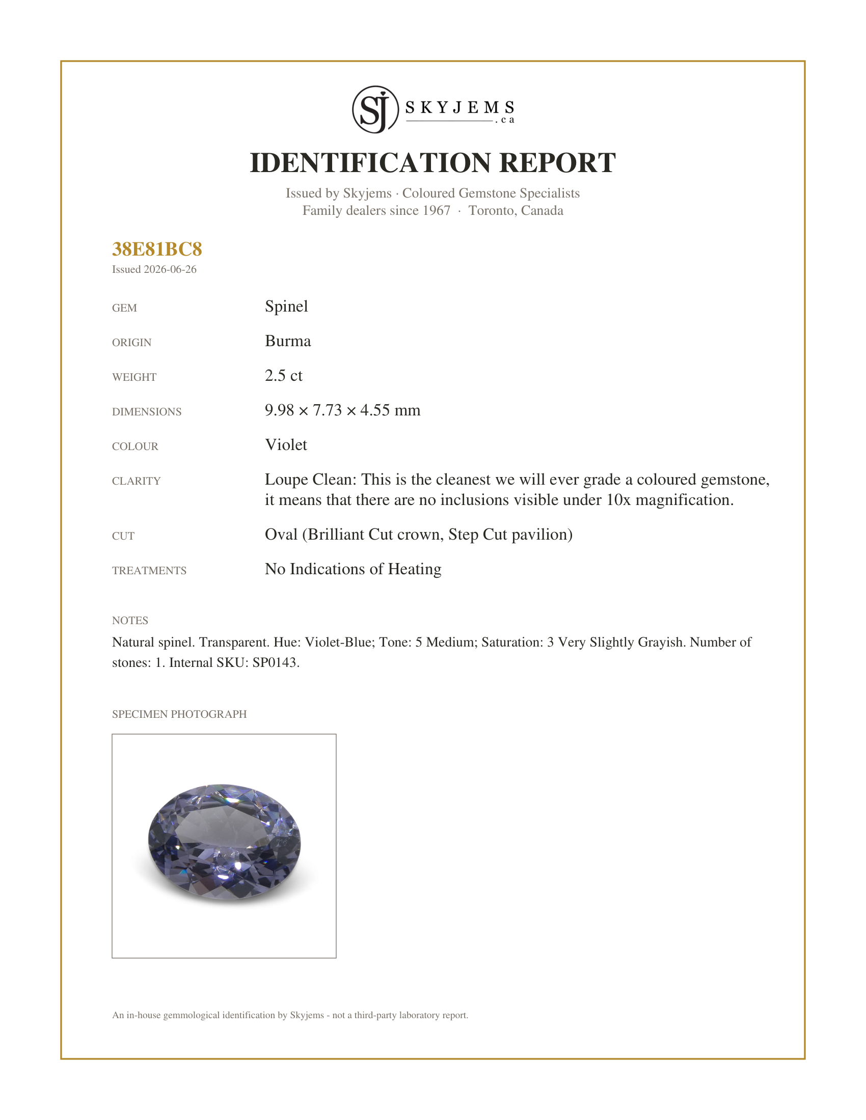 Skyjems Identification Report for SP0143 — 2.5ct Oval Violet Spinel from Burma