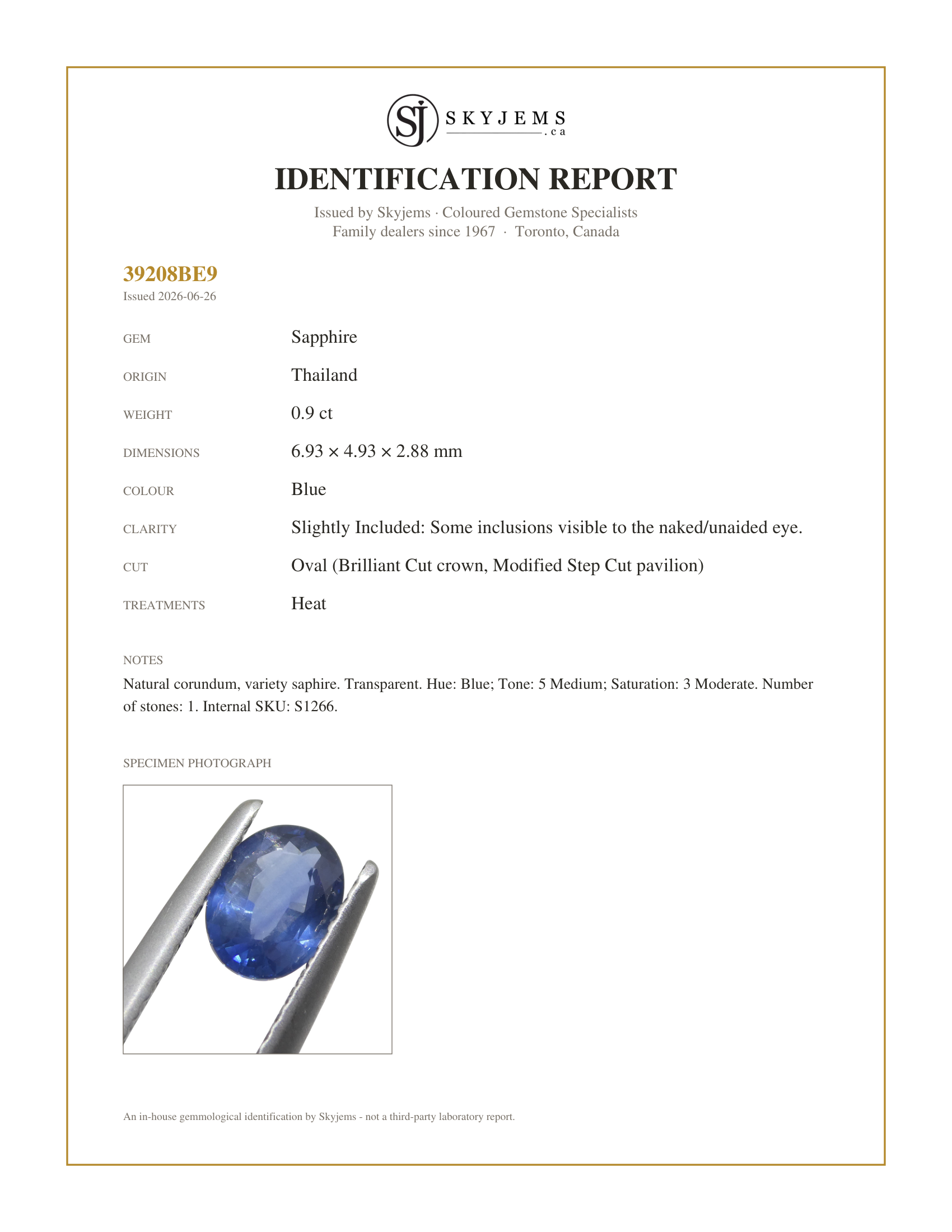 Skyjems Identification Report for S1266 — 0.9ct Oval Blue Sapphire from Thailand