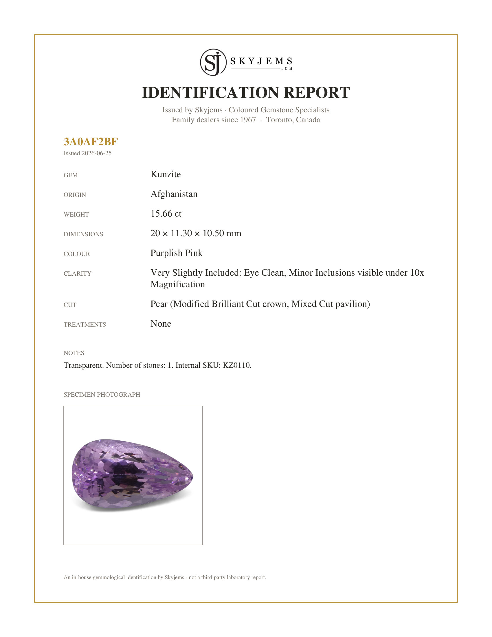 Skyjems Identification Report for KZ0110 — 15.66 ct Pear Kunzite