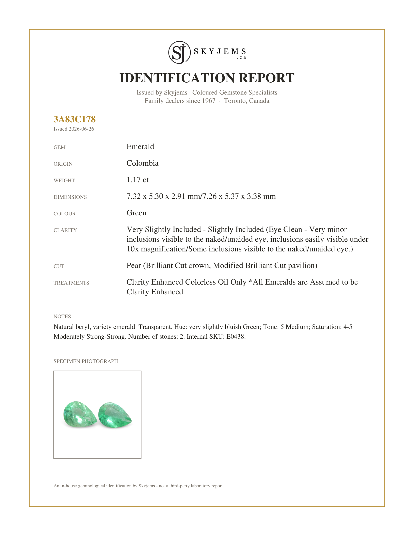 Skyjems Identification Report for E0438 — 1.17ct Pair Pear Green Emerald from Colombia