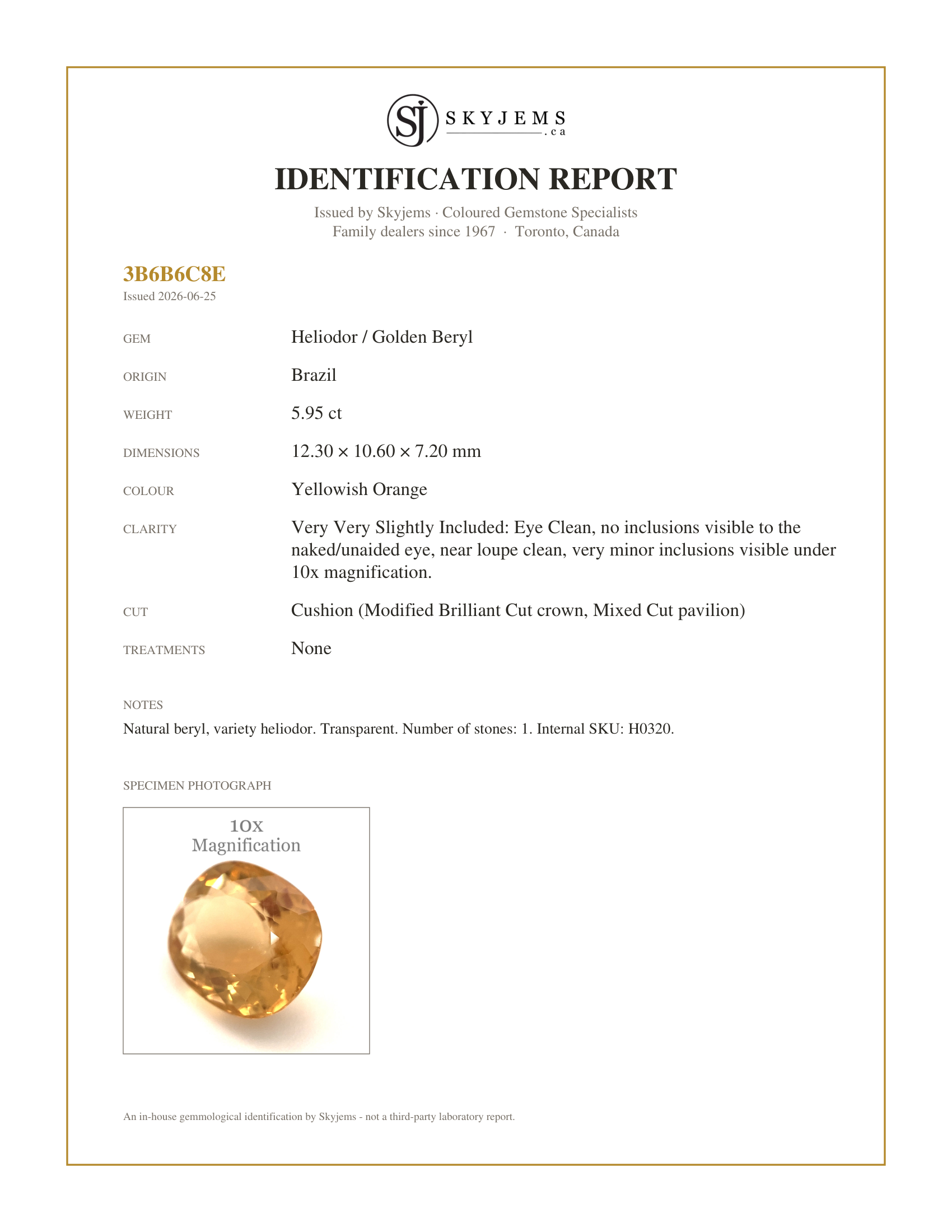Skyjems Identification Report for H0320 — 5.95ct Cushion Heliodor, Golden Yellow Beryl