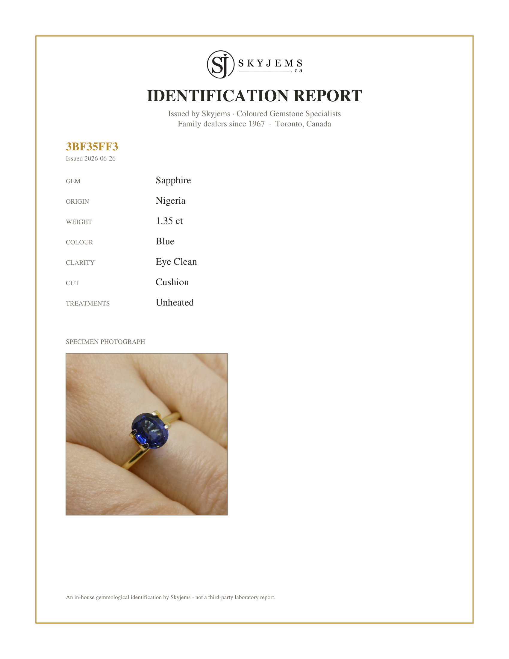 Skyjems Identification Report for  — 1.35ct Oval Blue Sapphire from Nigeria