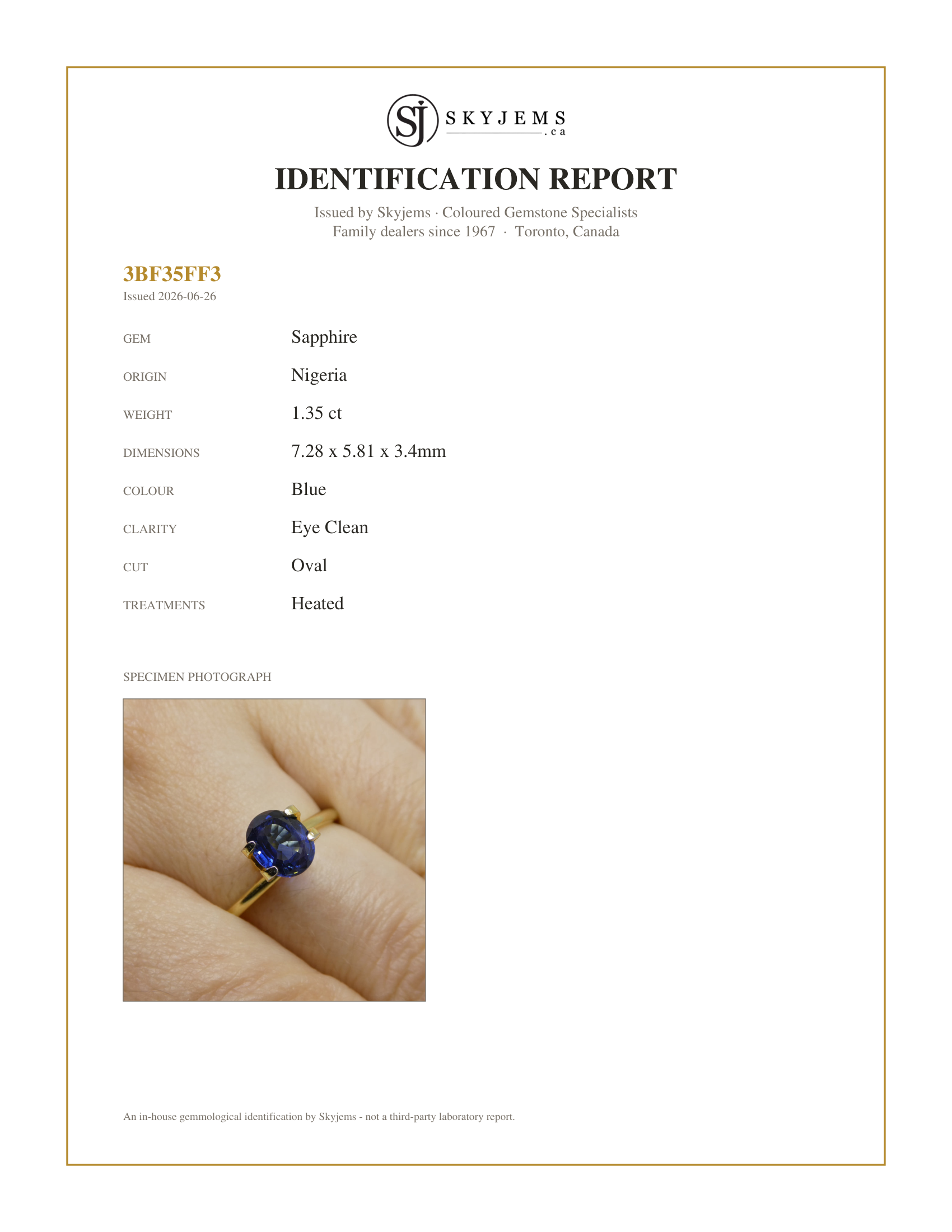 Skyjems Identification Report for S1245 — 1.35ct Oval Blue Sapphire from Nigeria