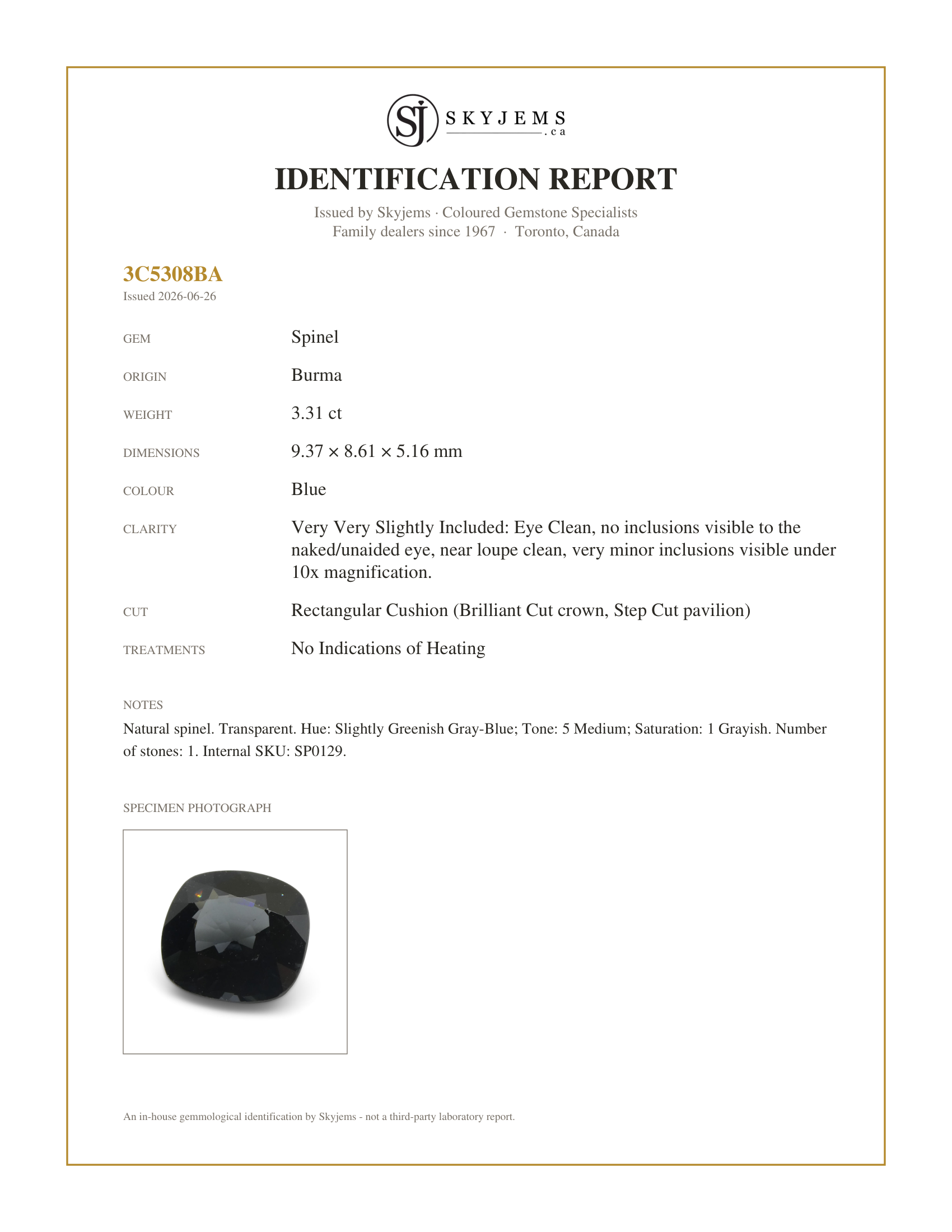 Skyjems Identification Report for SP0129 — 3.31ct Rectangular Cushion Blue Spinel from Burma