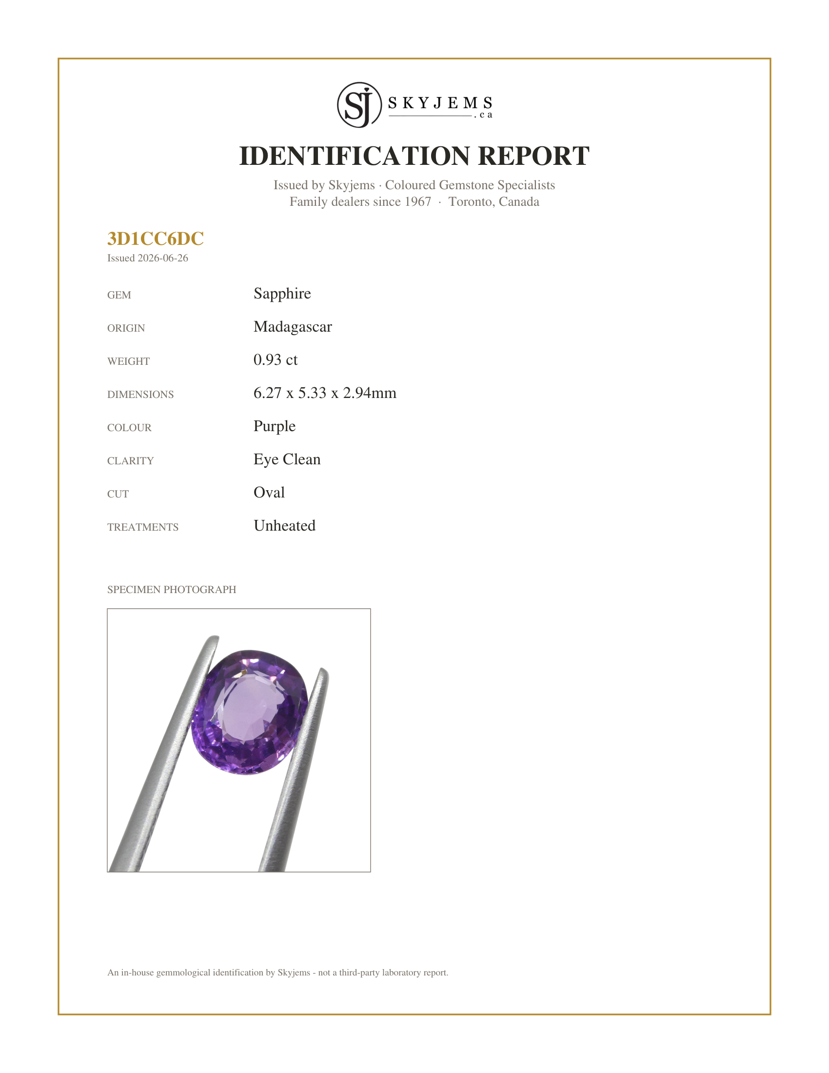 Skyjems Identification Report for S1206 — 0.93ct Oval Purple Sapphire from Madagascar Unheated