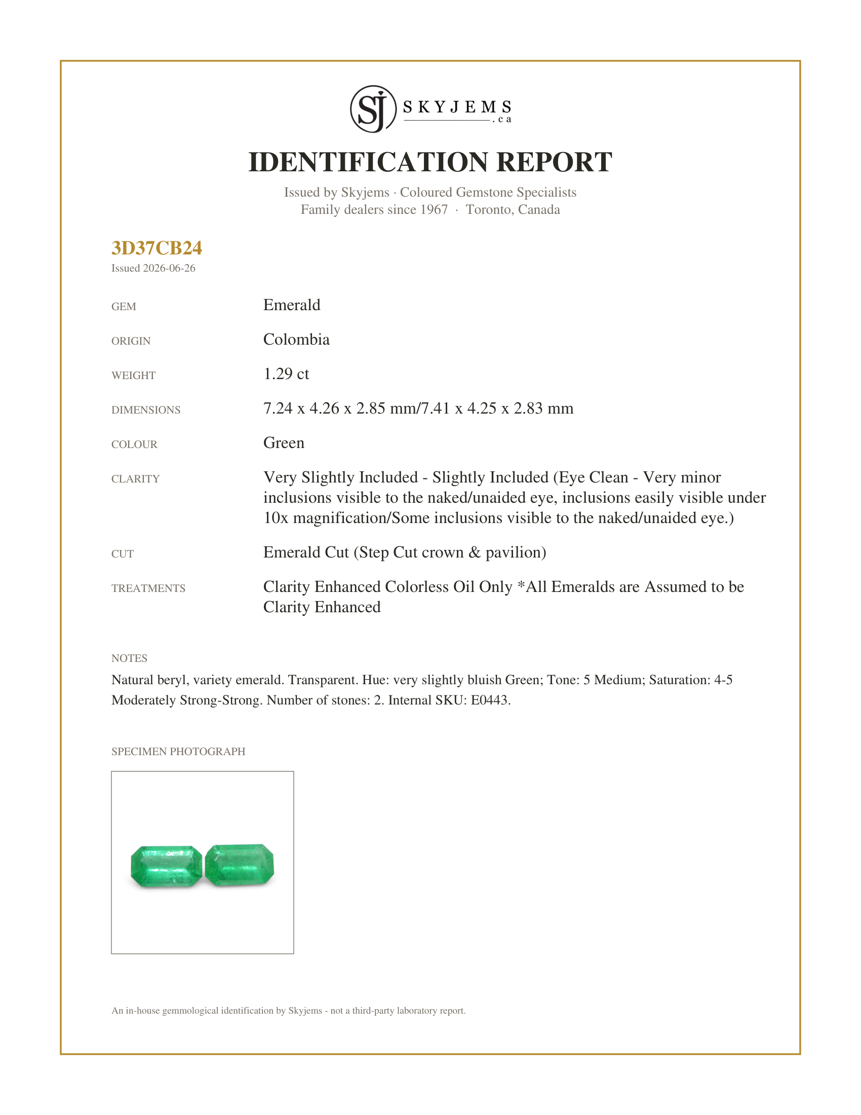 Skyjems Identification Report for E0443 — 1.29ct Pair Emerald Cut Green Emerald from Colombia