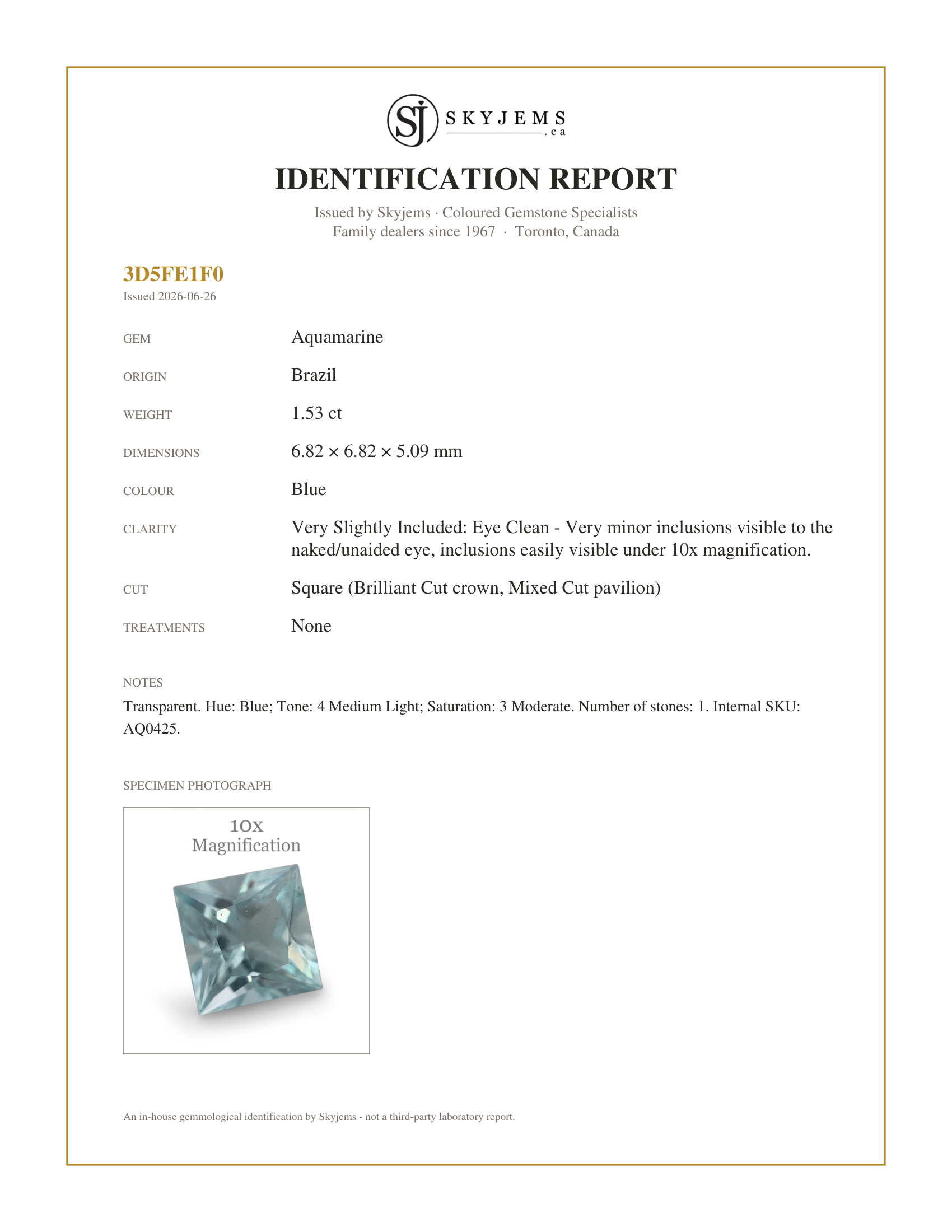 Skyjems Identification Report for AQ0425 — 1.53ct Square Aquamarine