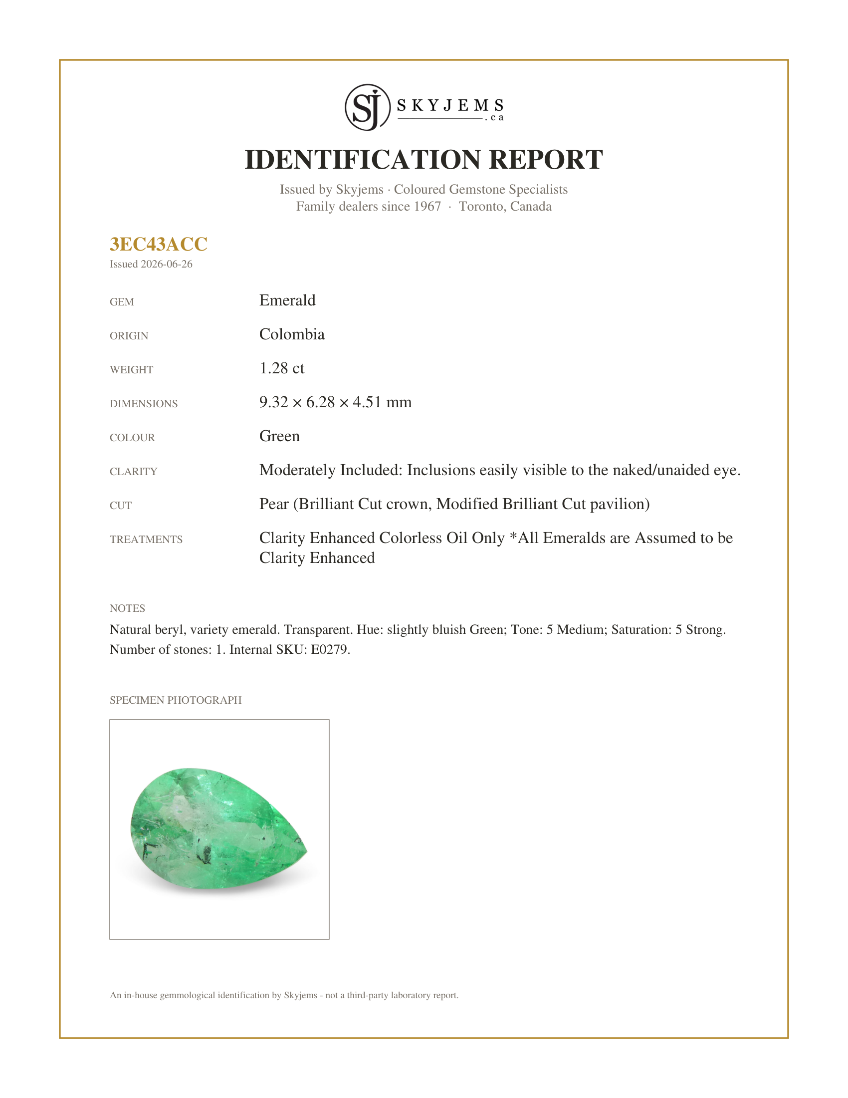Skyjems Identification Report for E0279 — 1.28ct Pear Green Emerald from Colombia