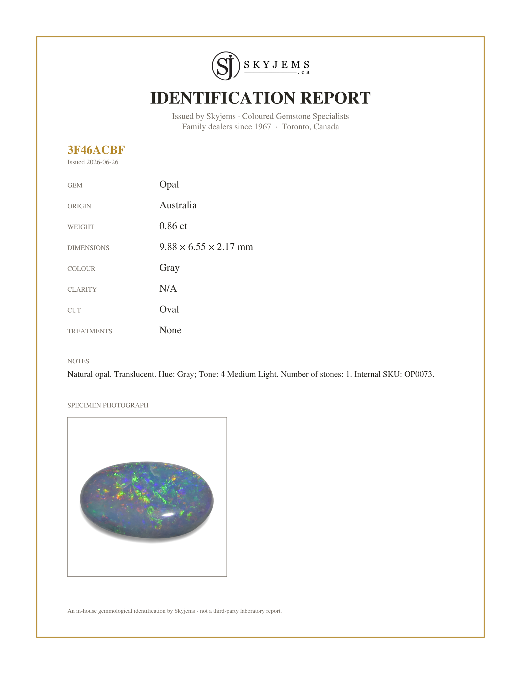 Skyjems Identification Report for OP0073 — 0.86ct Oval Cabochon Gray Opal from Australia