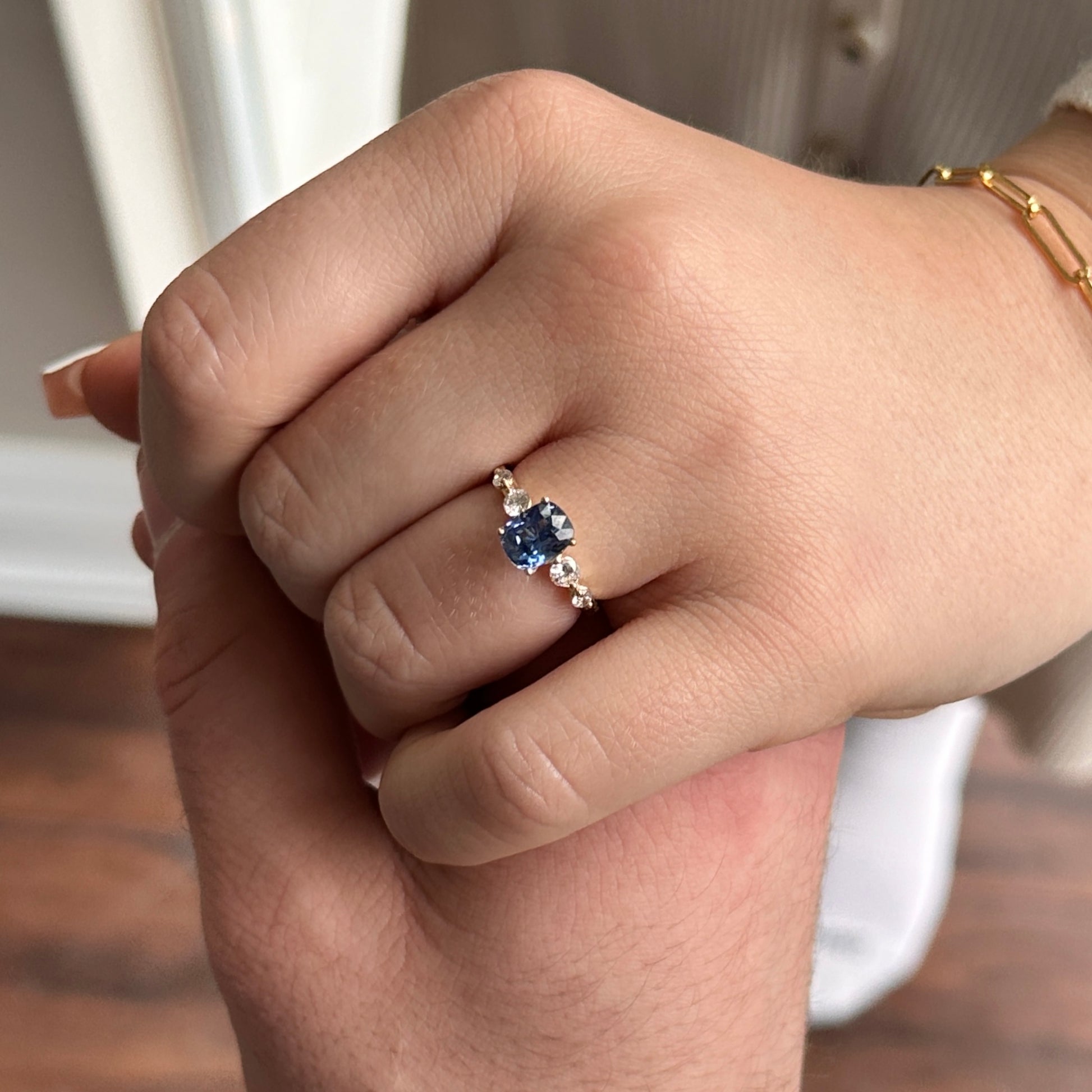Cushion Blue Sapphire, Diamond Engagement Ring set in 14k