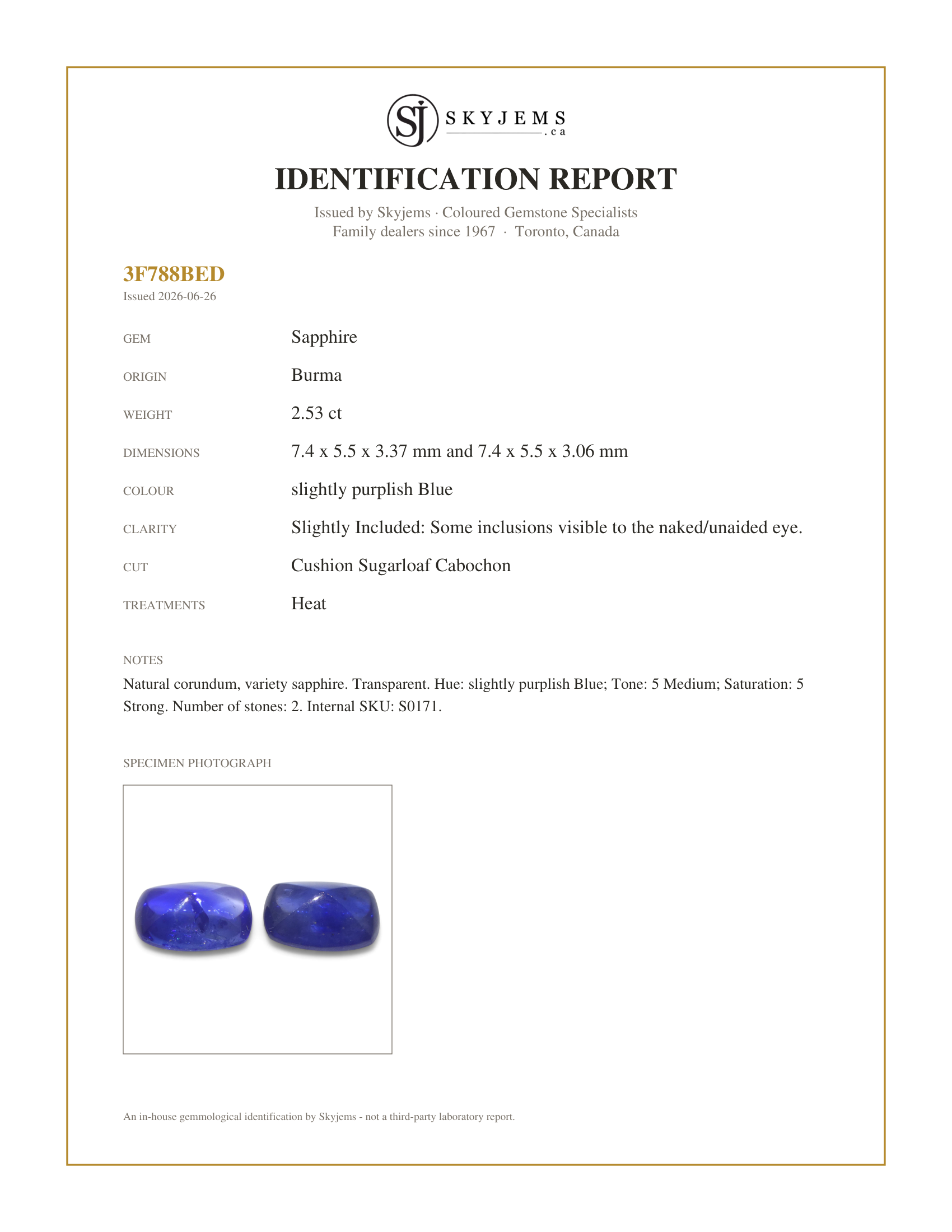 Skyjems Identification Report for S0171 — 2.53ct Pair (2) Cushion Sugarloaf Cabochon Blue Sapphires from Burma