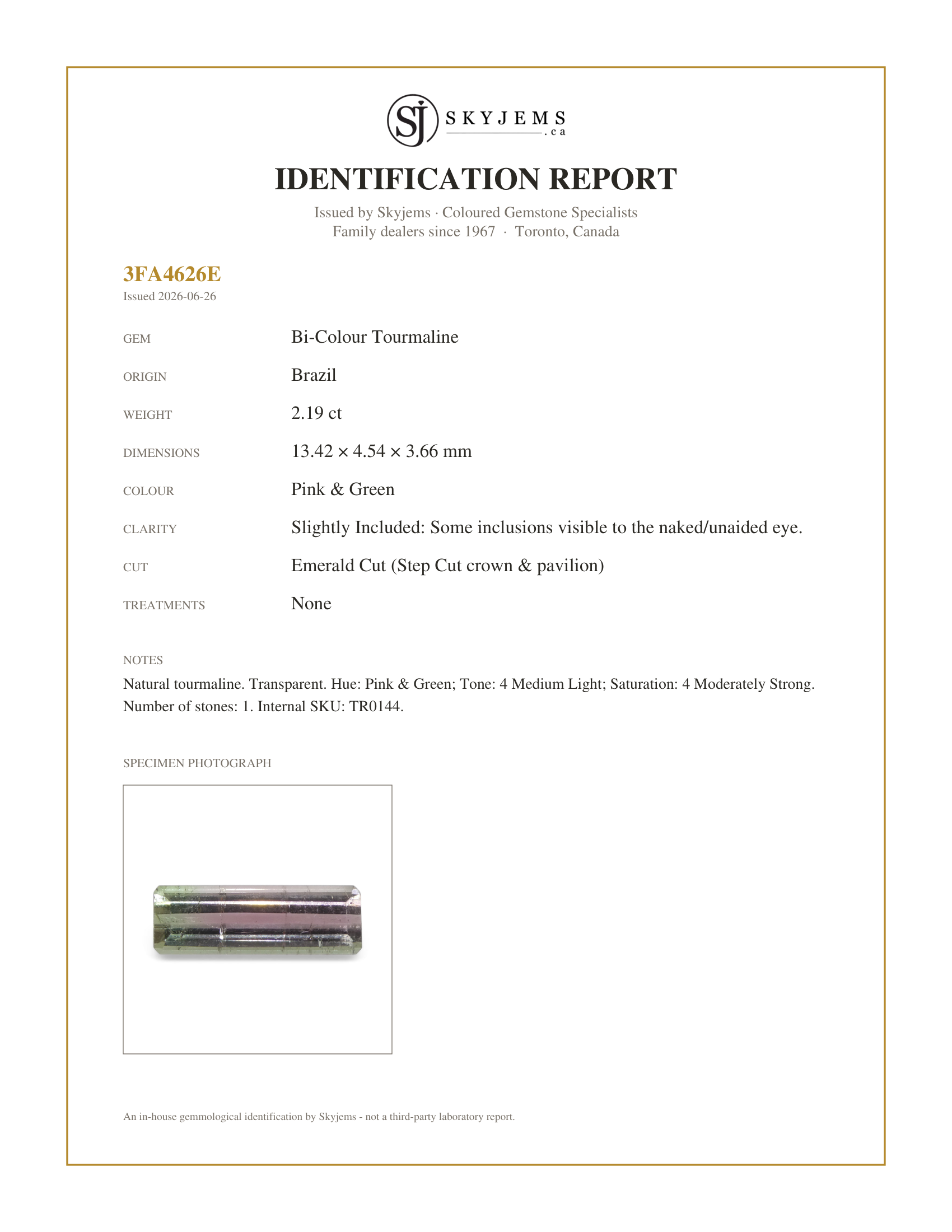 Skyjems Identification Report for TR0144 — 2.19ct Emerald Cut Pink & Green Bi-Colour Tourmaline