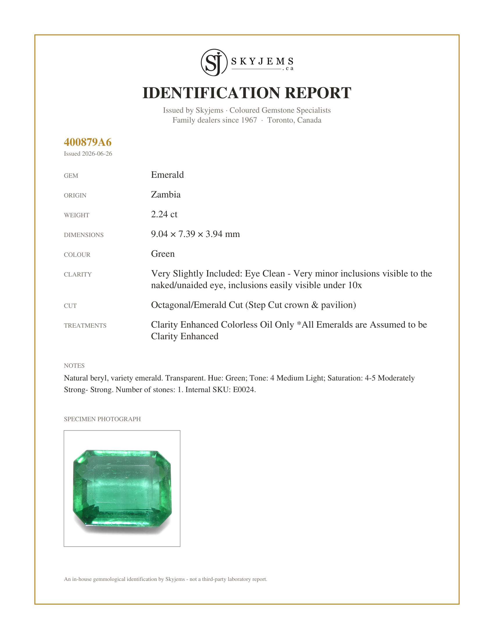 Skyjems Identification Report for E0024 — 2.24ct Octagonal/Emerald Cut Green Emerald from Zambia