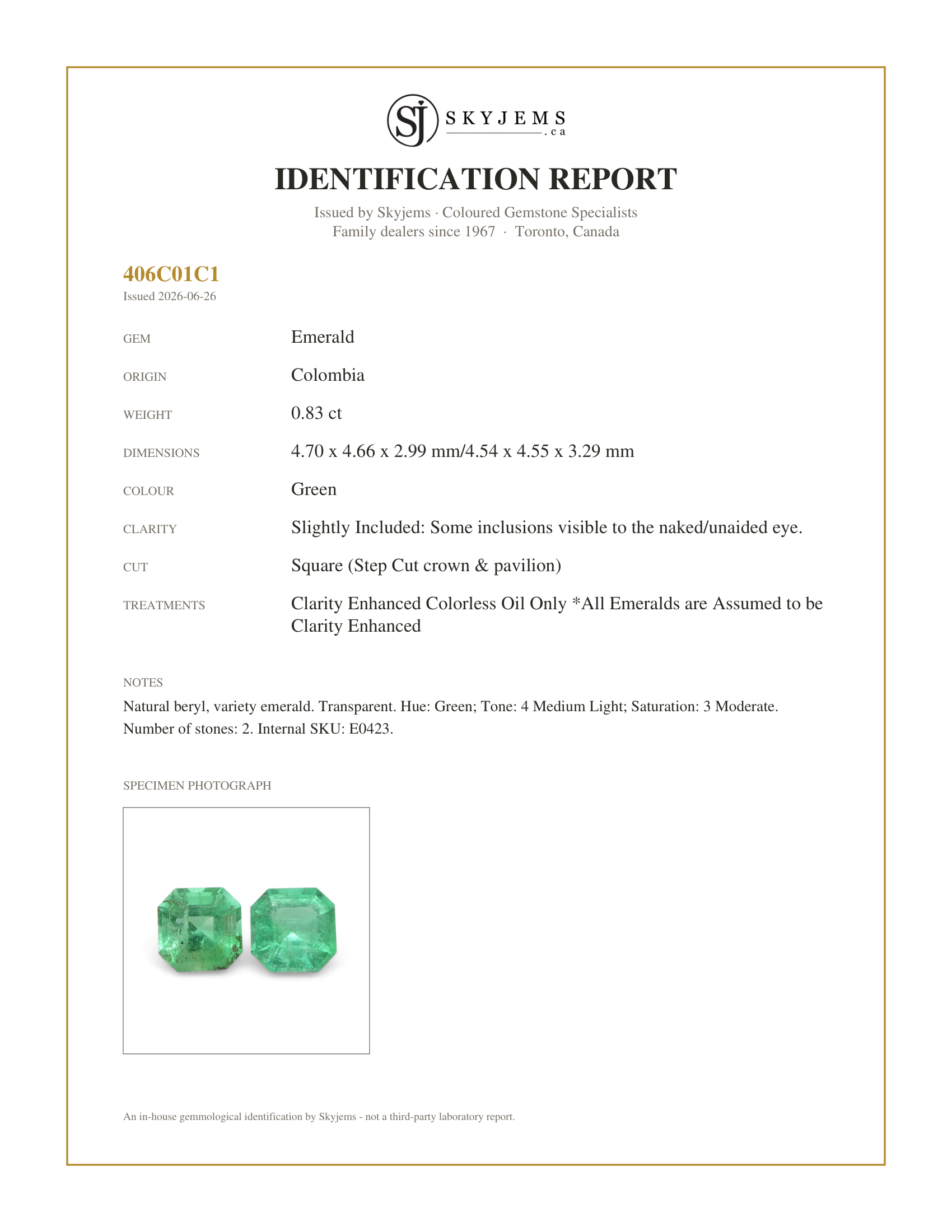 Skyjems Identification Report for E0423 — 0.83ct Pair Square Green Emerald from Colombia