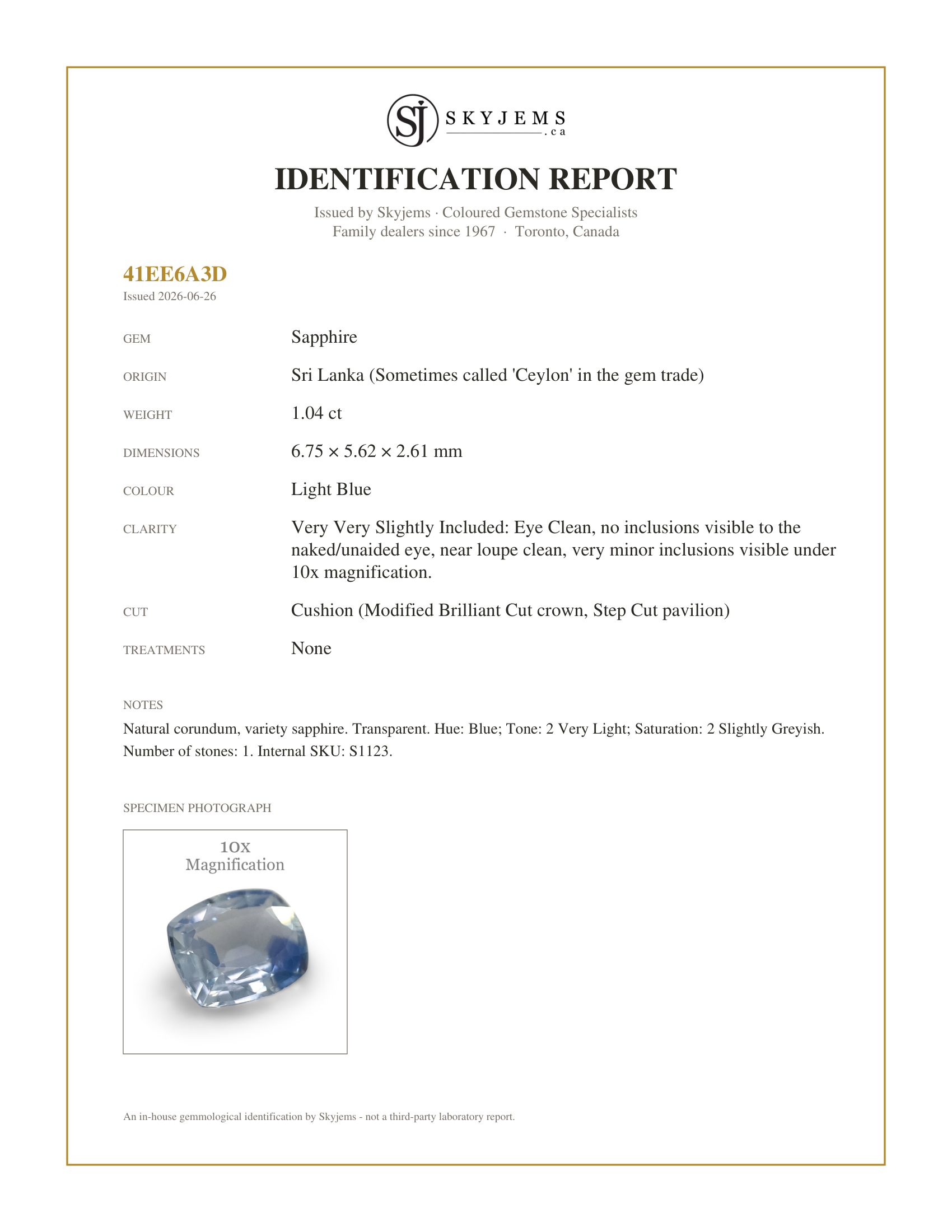 Skyjems Identification Report for S1123 — 1.04ct Cushion Icy Blue Sapphire from Sri Lanka Unheated