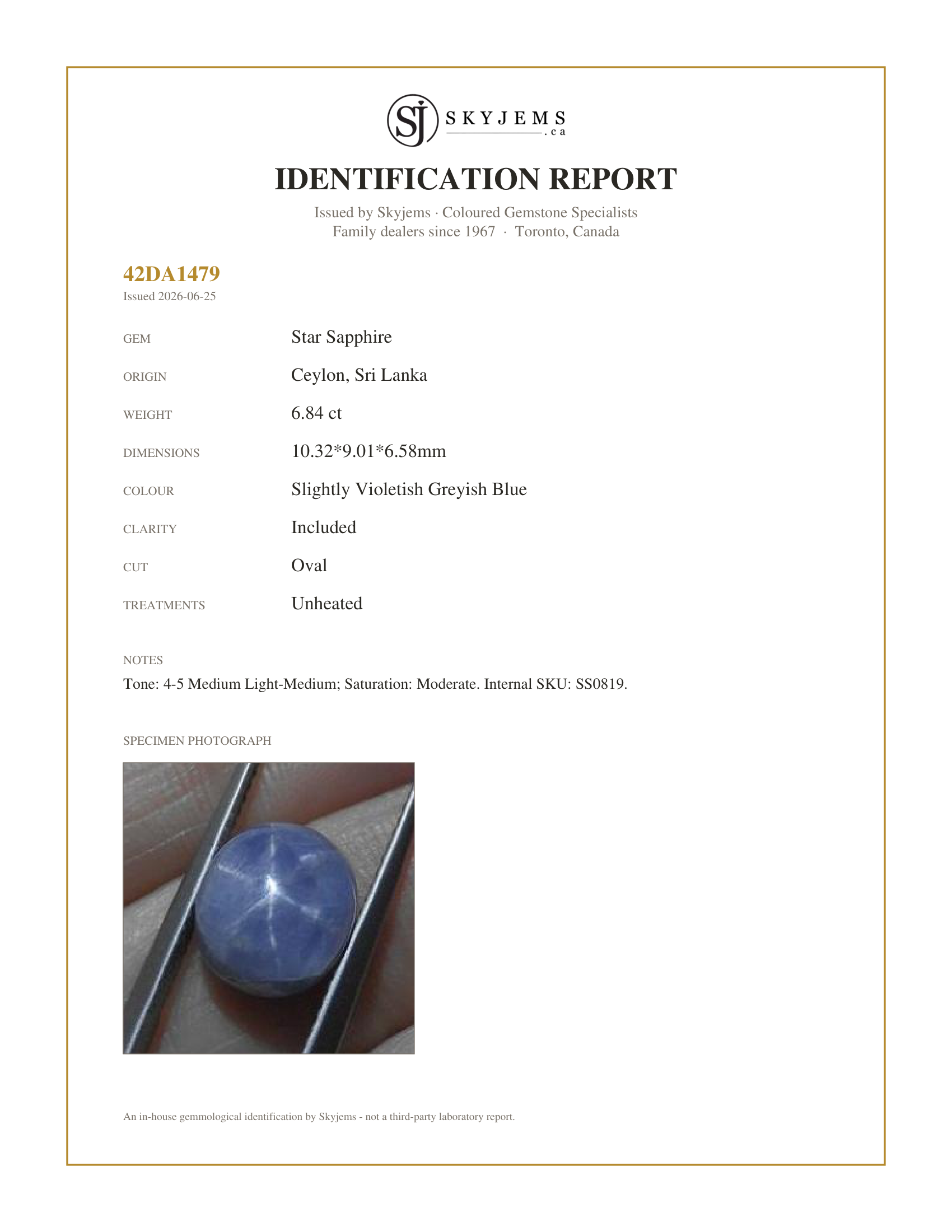 Skyjems Identification Report for SS0819 — 6.84 ct Unheated Blue Ceylon Star Sapphire