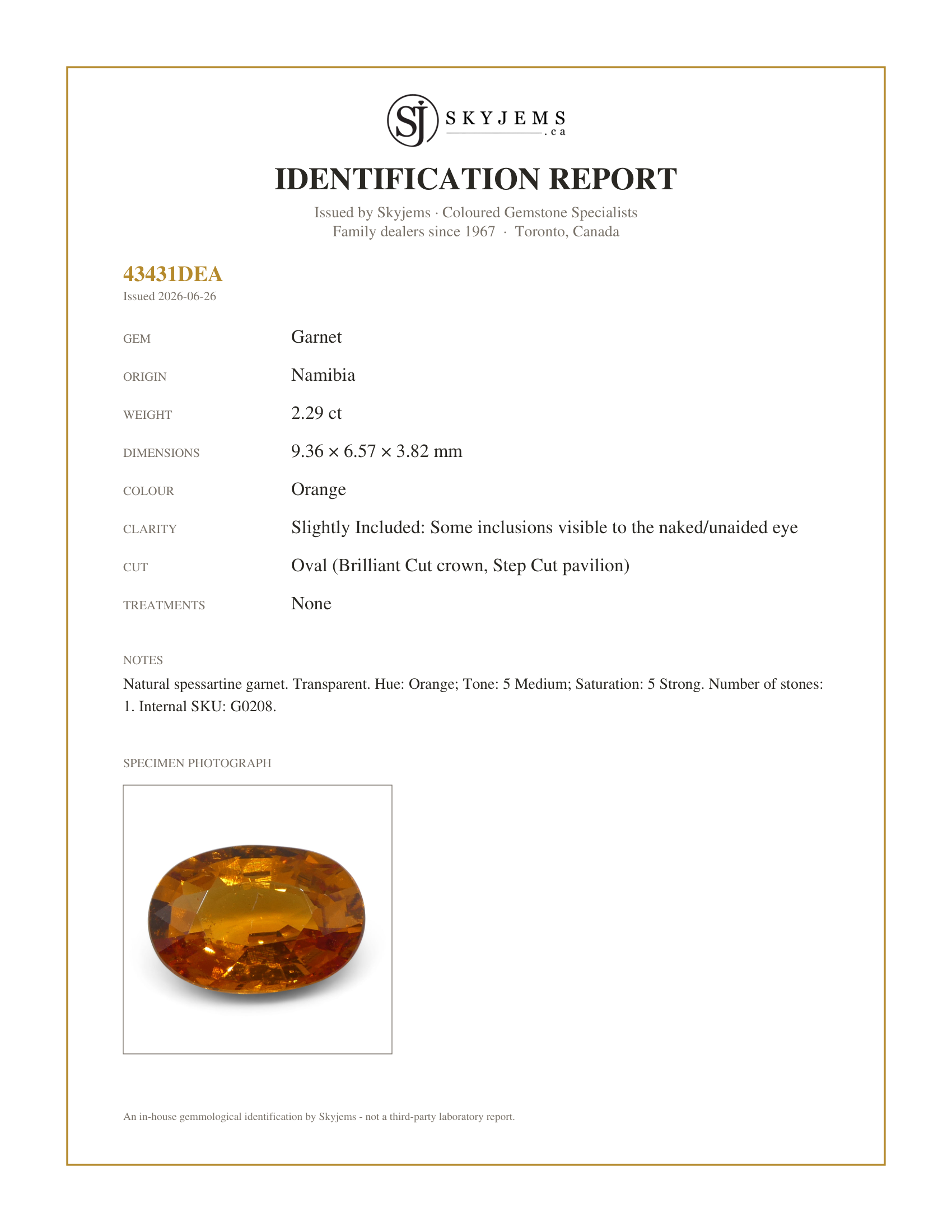Skyjems Identification Report for G0208 — 2.29ct Oval Fanta Orange Mandarin Spessartite/Spessartine Garnet from Namibia