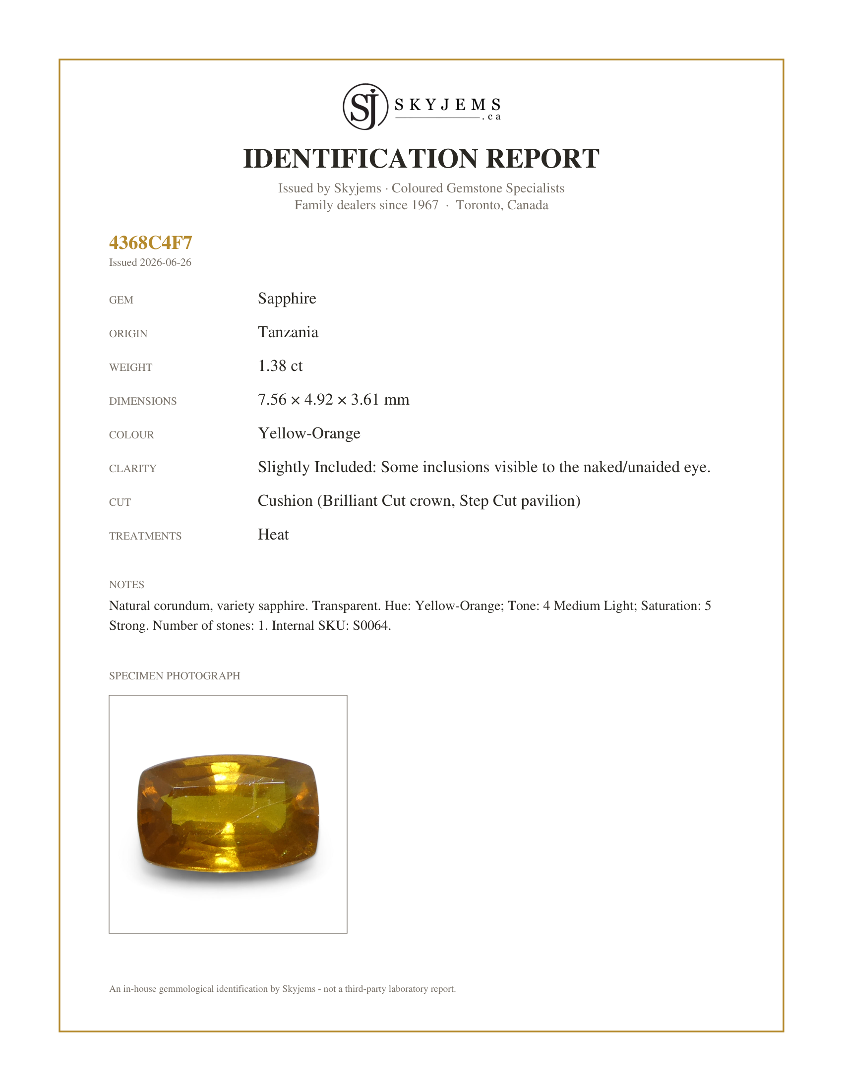 Skyjems Identification Report for S0064 — 1.38ct Cushion Orange Sapphire from Tanzania, Heated