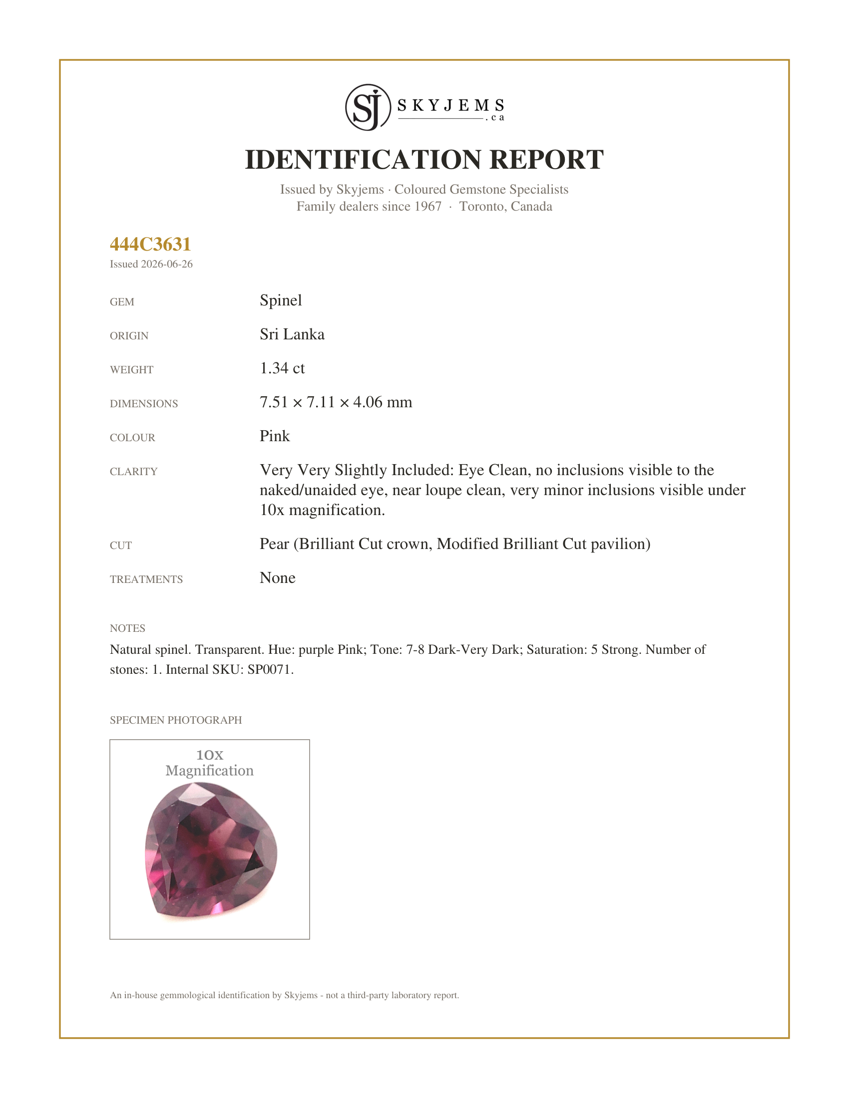 Skyjems Identification Report for SP0071 — 1.34ct Pear Purplish Pink Spinel from Sri Lanka Unheated