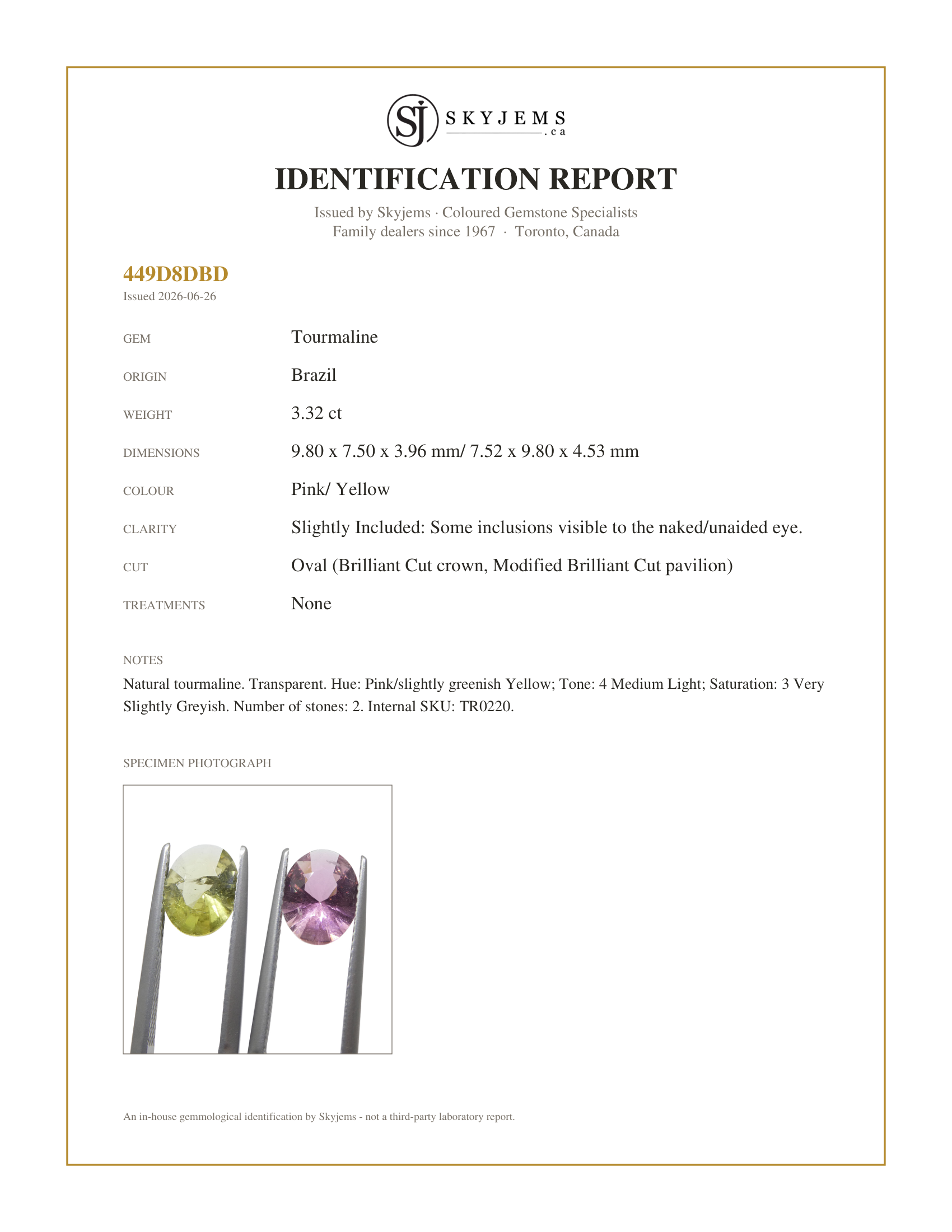 Skyjems Identification Report for TR0220 — 3.32ct Pair Oval Pink/Yellow Tourmaline