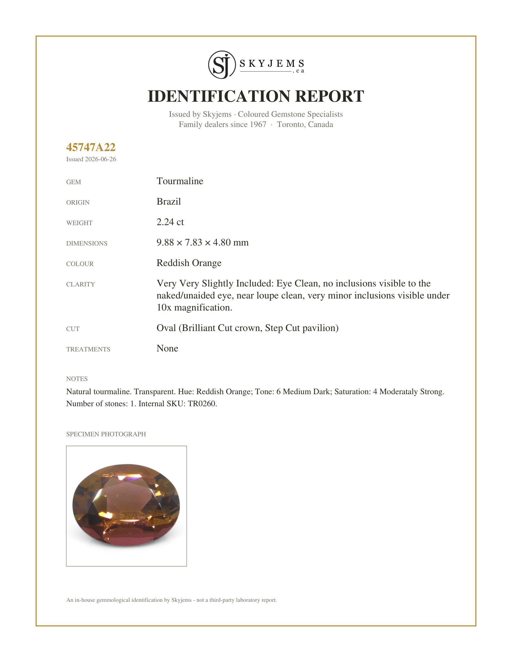 Skyjems Identification Report for TR0260 — 2.24ct Oval Orange Tourmaline