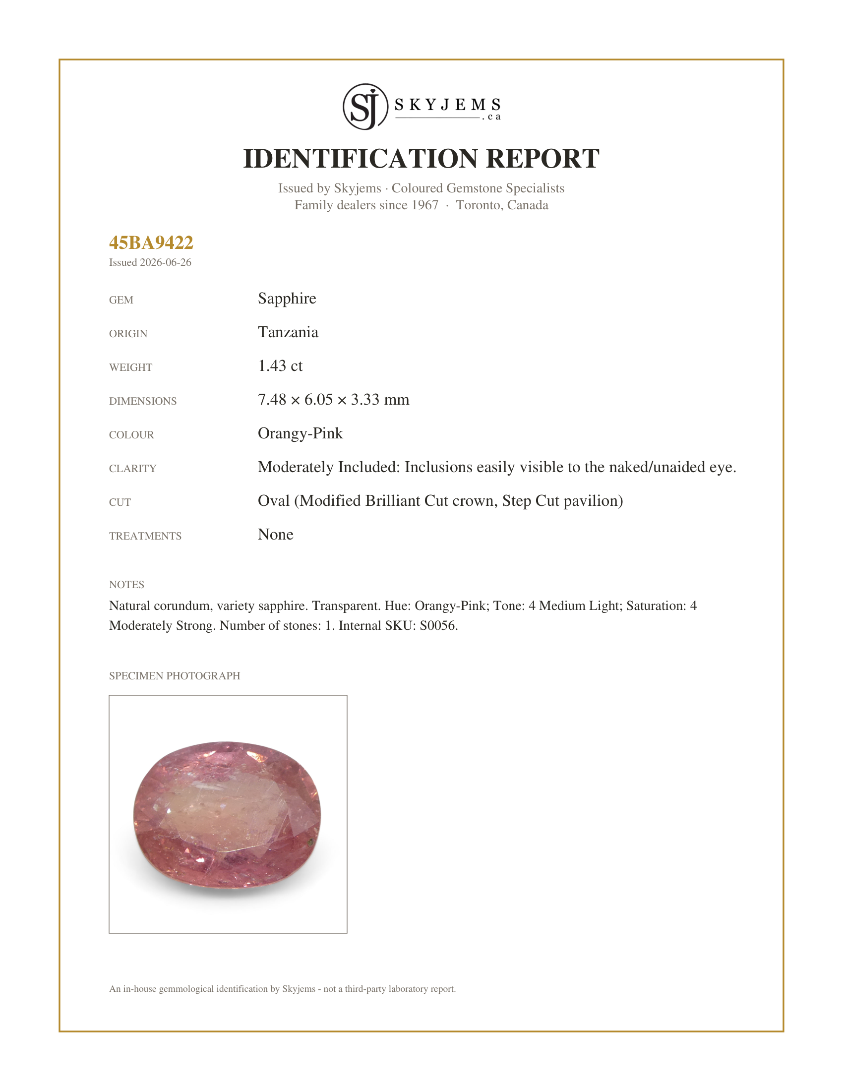 Skyjems Identification Report for S0056 — 1.43ct Unheated Oval Orangy-Pink Padparadscha Sapphire from Tanzania, Unheated