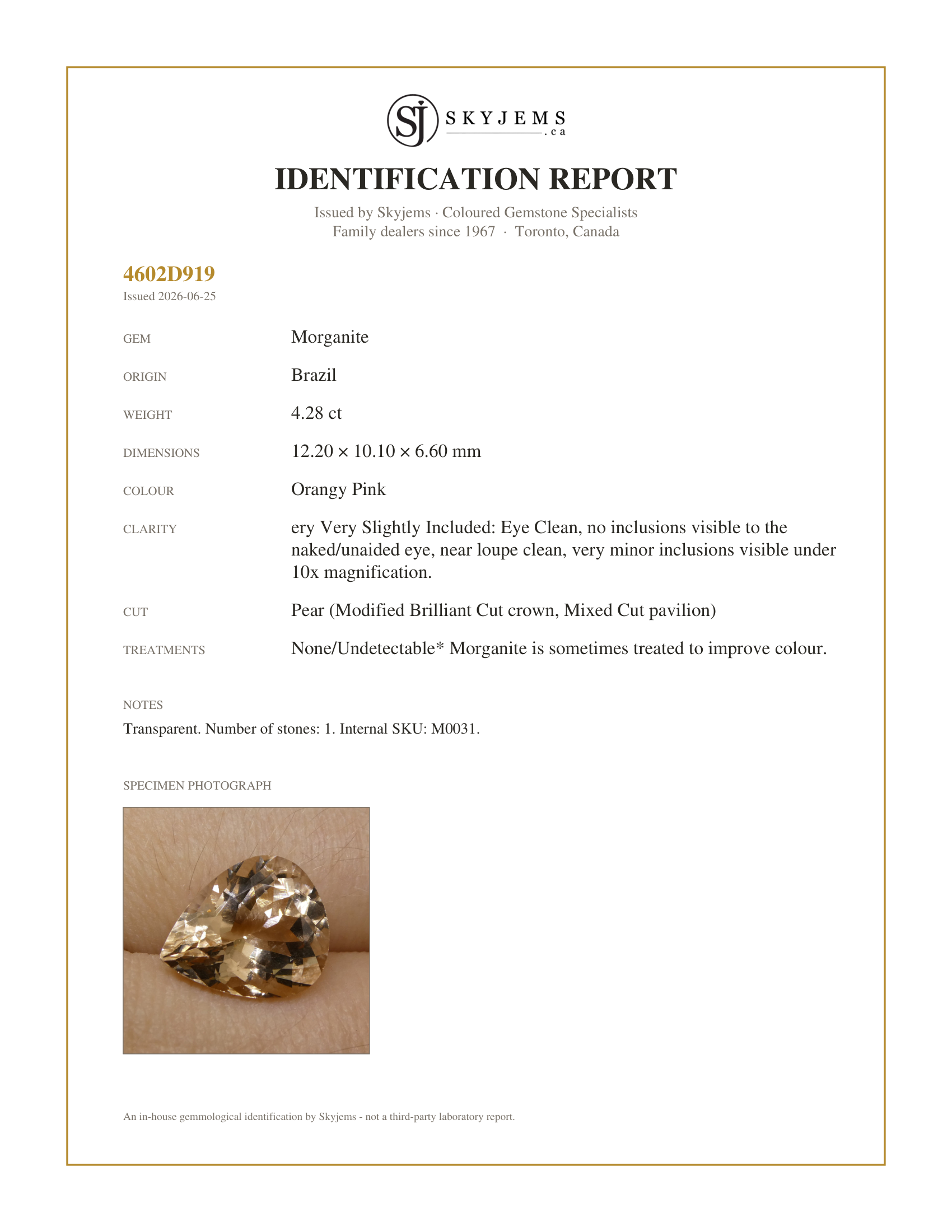 Skyjems Identification Report for M0031 — 4.28ct Pear Morganite