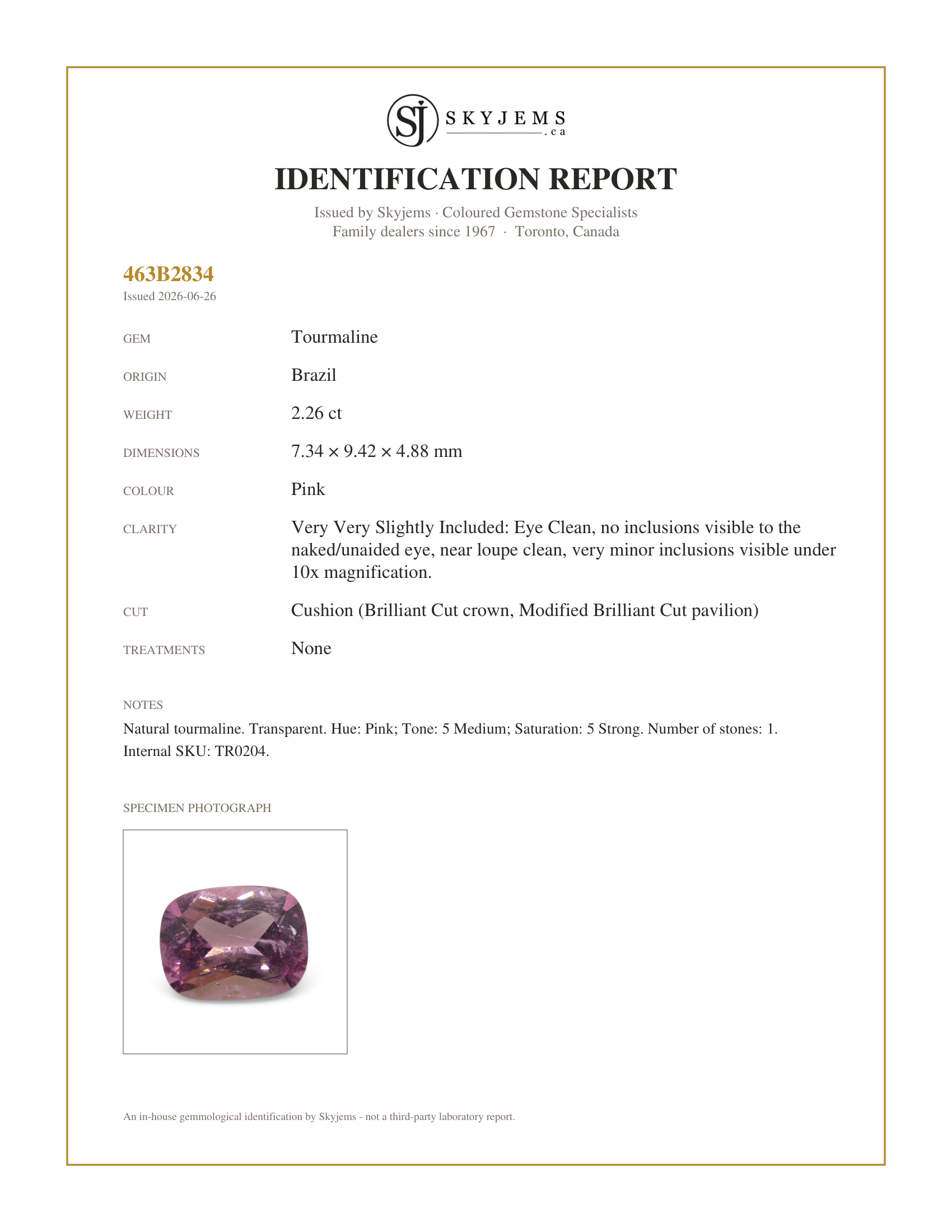 Skyjems Identification Report for TR0204 — 2.26ct Cushion Pink Tourmaline
