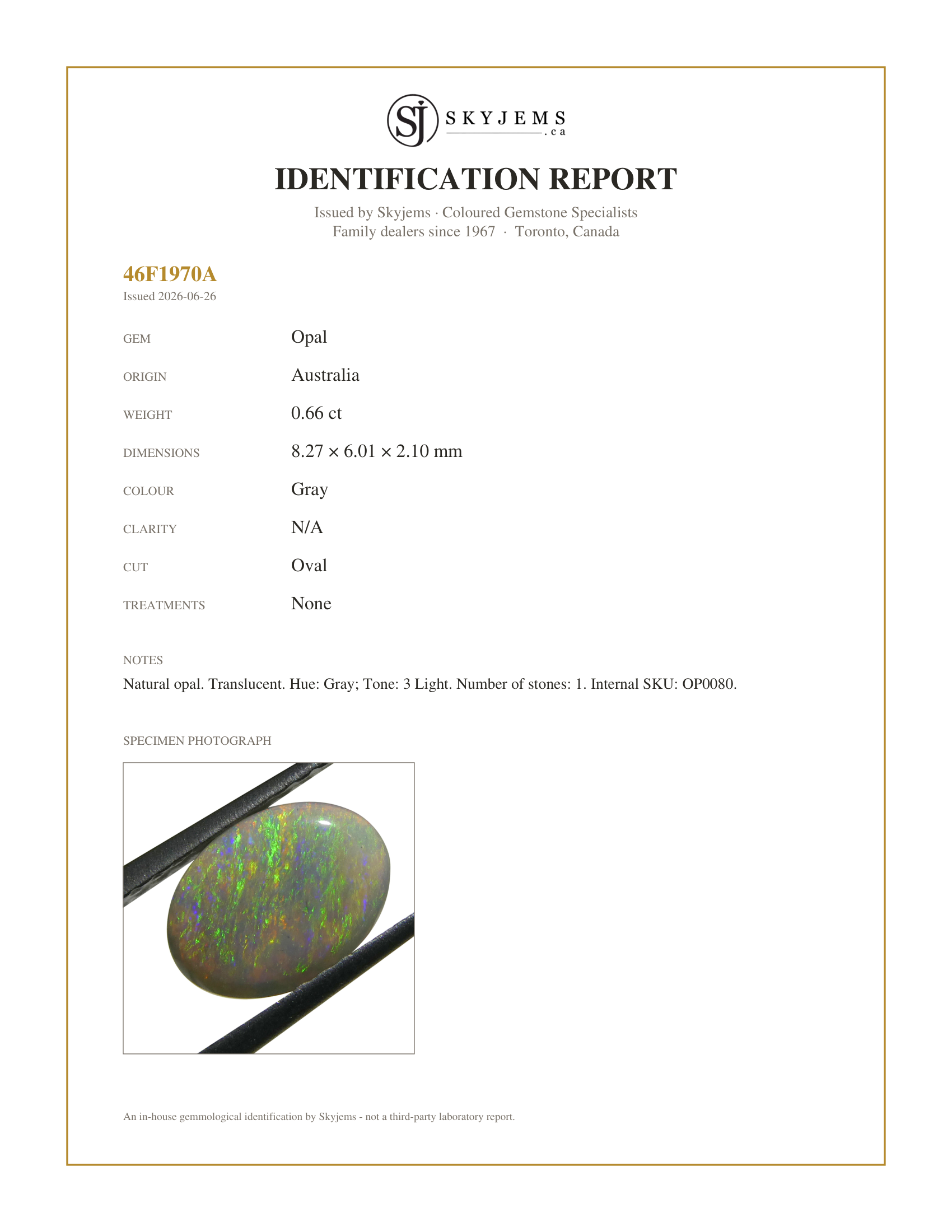 Skyjems Identification Report for OP0080 — 0.66ct Oval Cabochon Gray Opal from Australia