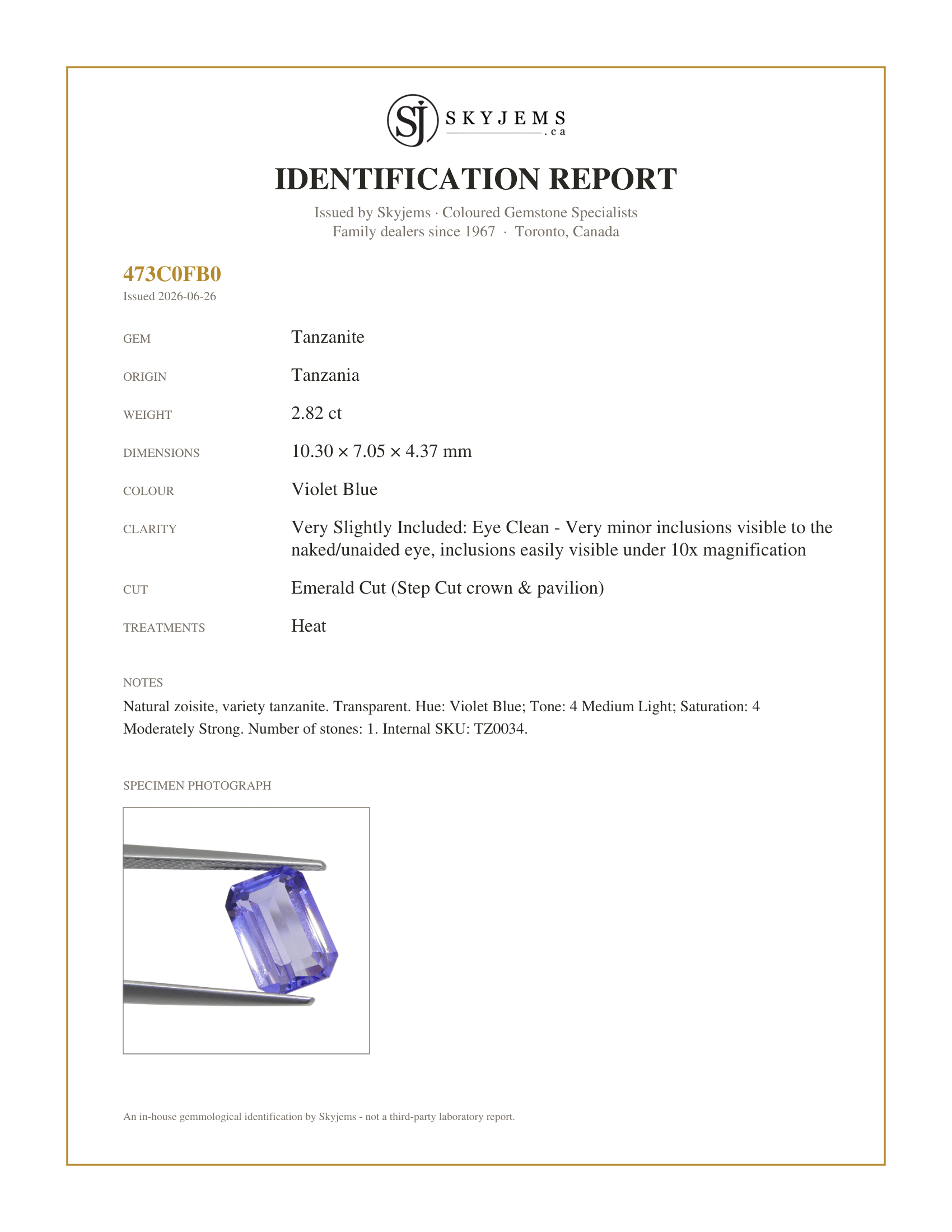 Skyjems Identification Report for TZ0034 — 2.82ct Emerald Cut Violet Blue Tanzanite from Tanzania