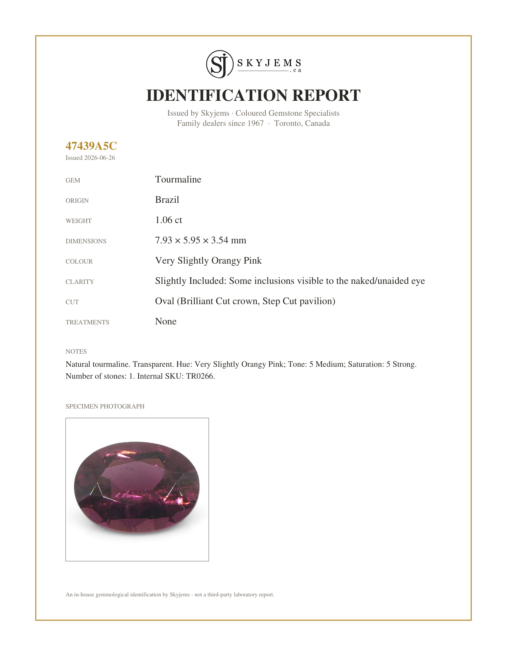 Skyjems Identification Report for TR0266 — 1.06ct Oval Pink Tourmaline