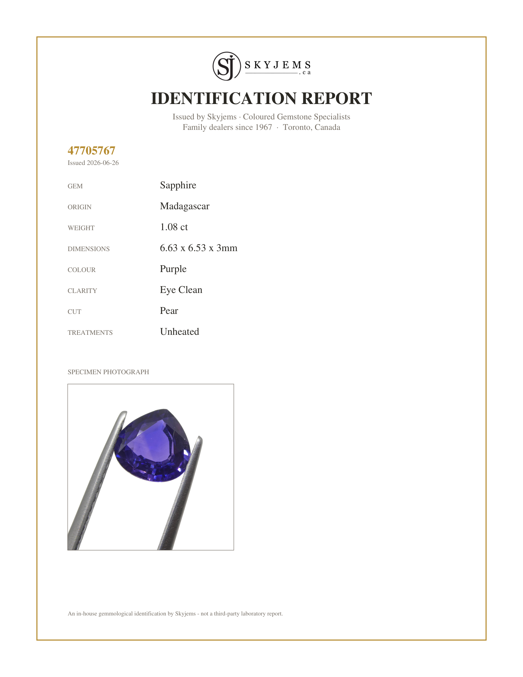 Skyjems Identification Report for S1171 — 1.08ct Pear Purple Sapphire from Madagascar Unheated