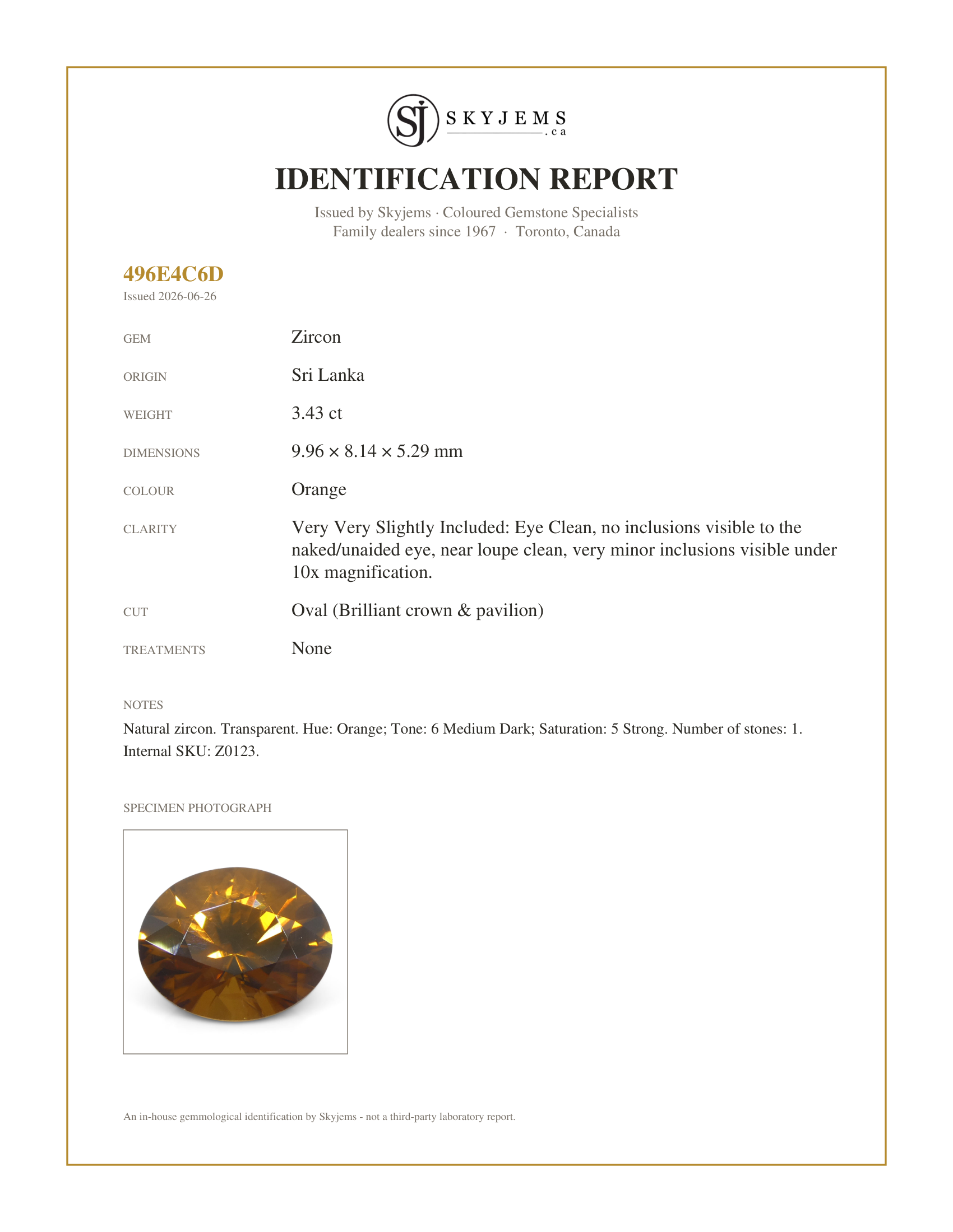 Skyjems Identification Report for Z0123 — 3.43ct Natural Earth Mined Oval Master Brilliant Cut Orange Zircon from Sri Lanka