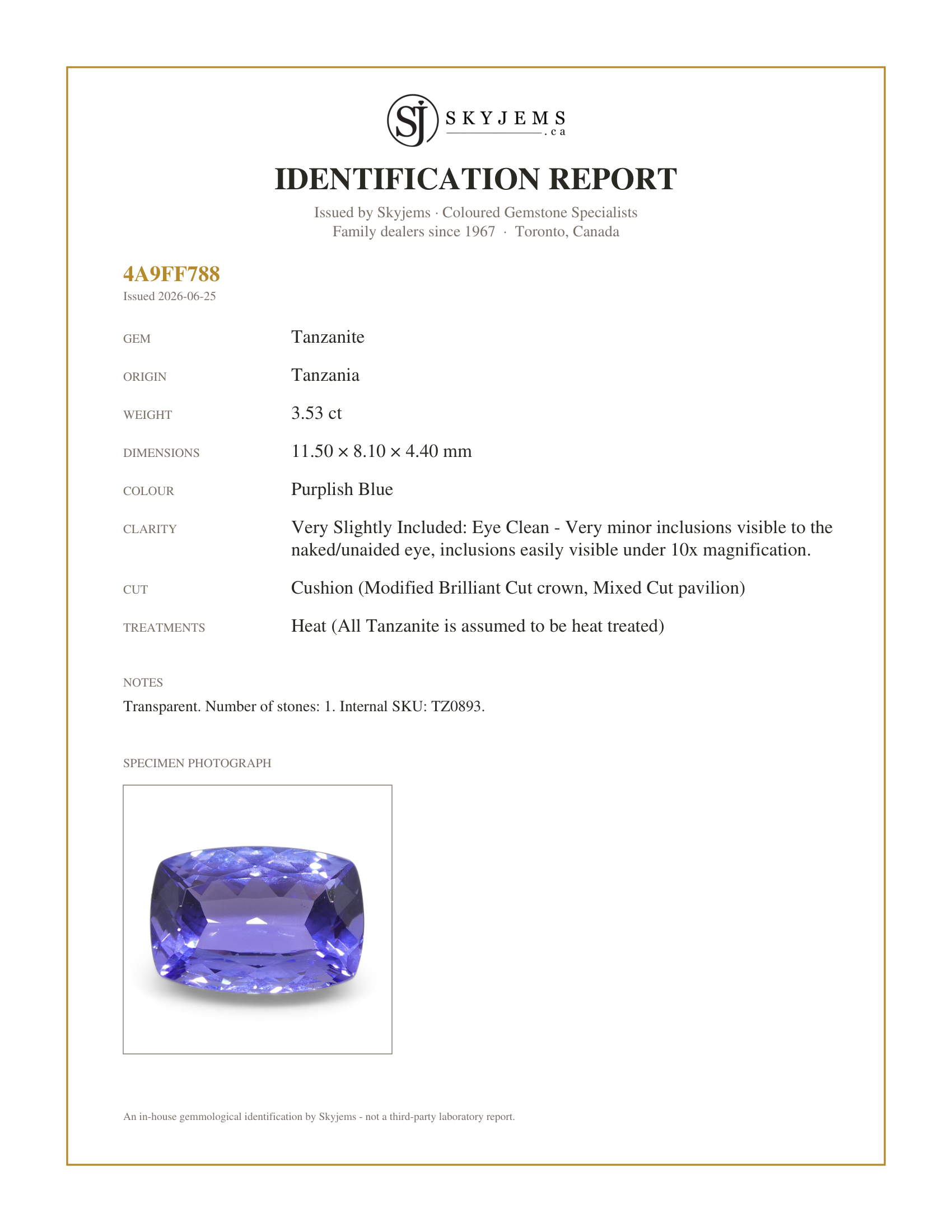 Skyjems Identification Report — 3.53ct Cushion Tanzanite