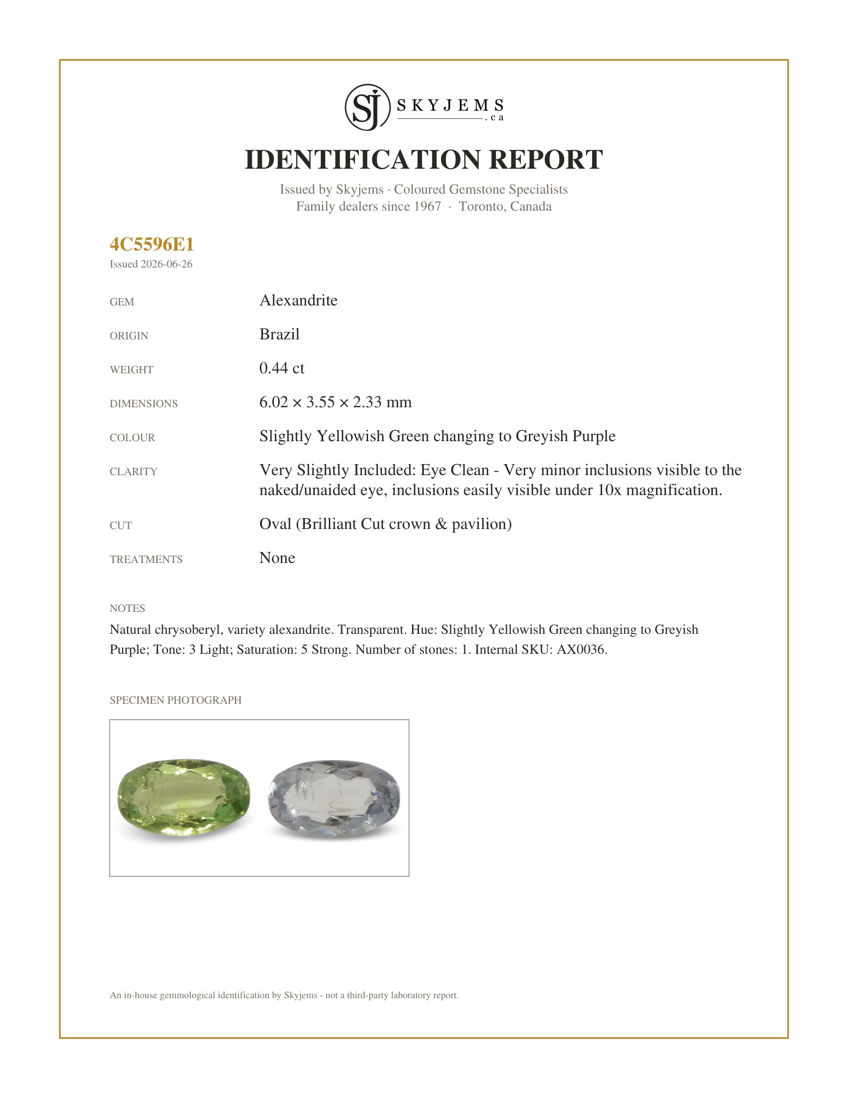 Skyjems Identification Report for AX0036 — 0.44ct Oval Yellowish Green to Greyish Purple Alexandrite from Brazil, Unheated