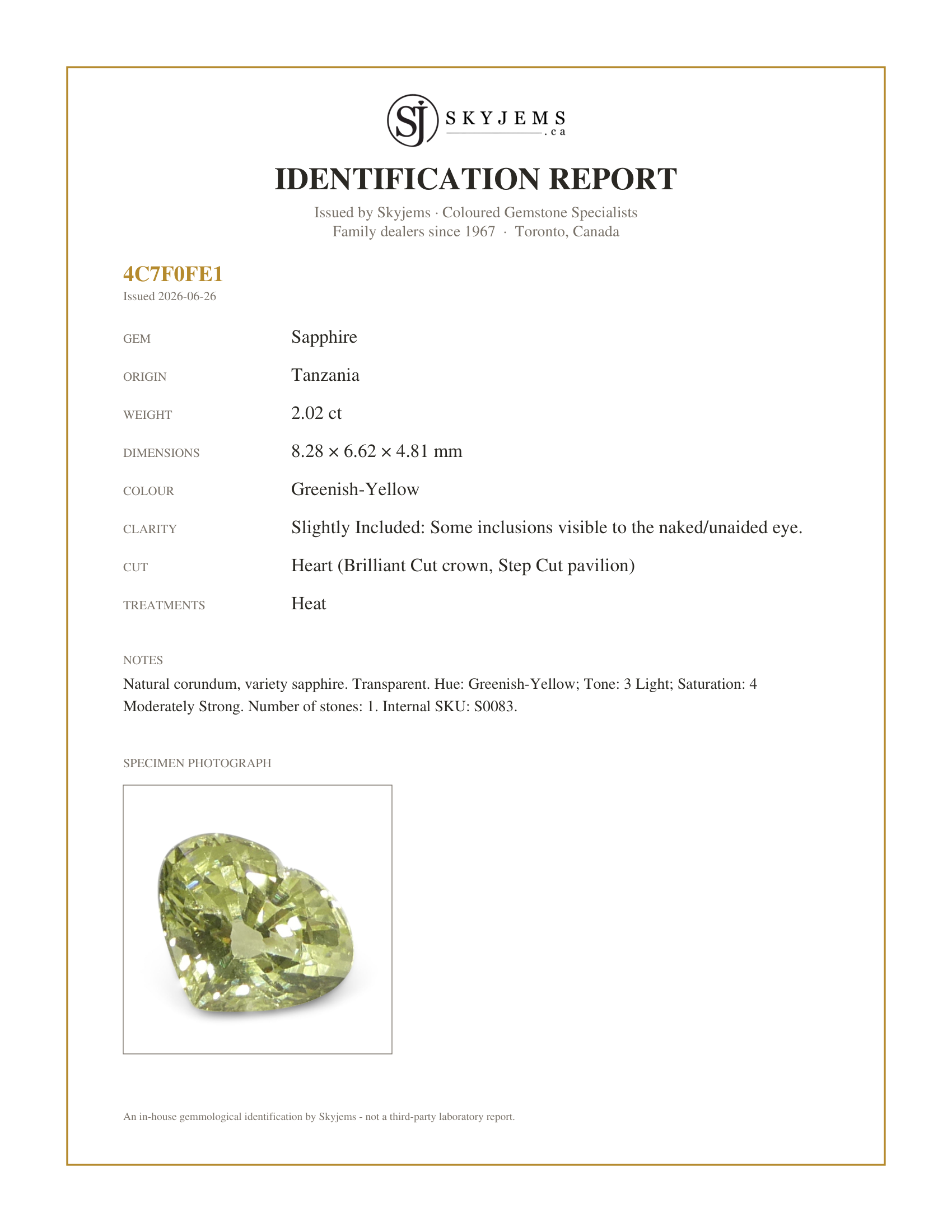 Skyjems Identification Report for S0083 — 2.02ct Heart Yellow Sapphire from Tanzania