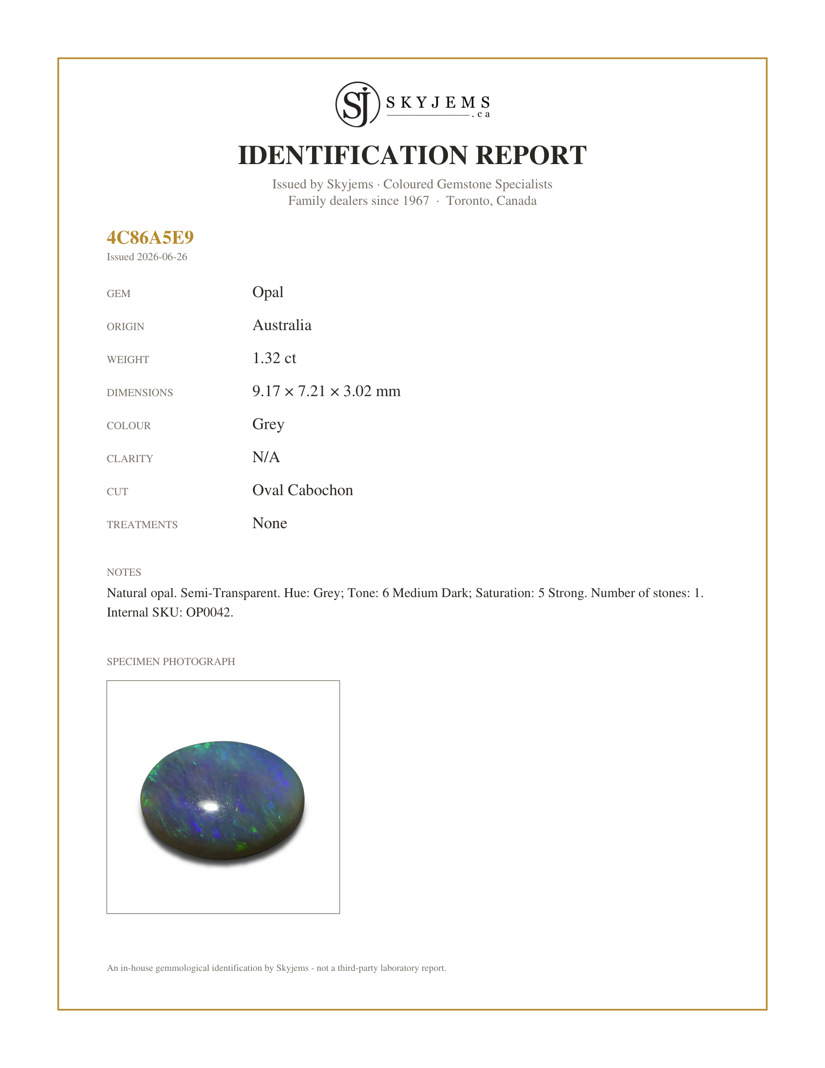 Skyjems Identification Report for OP0042 — 1.32ct Oval Cabochon Grey Opal from Australia
