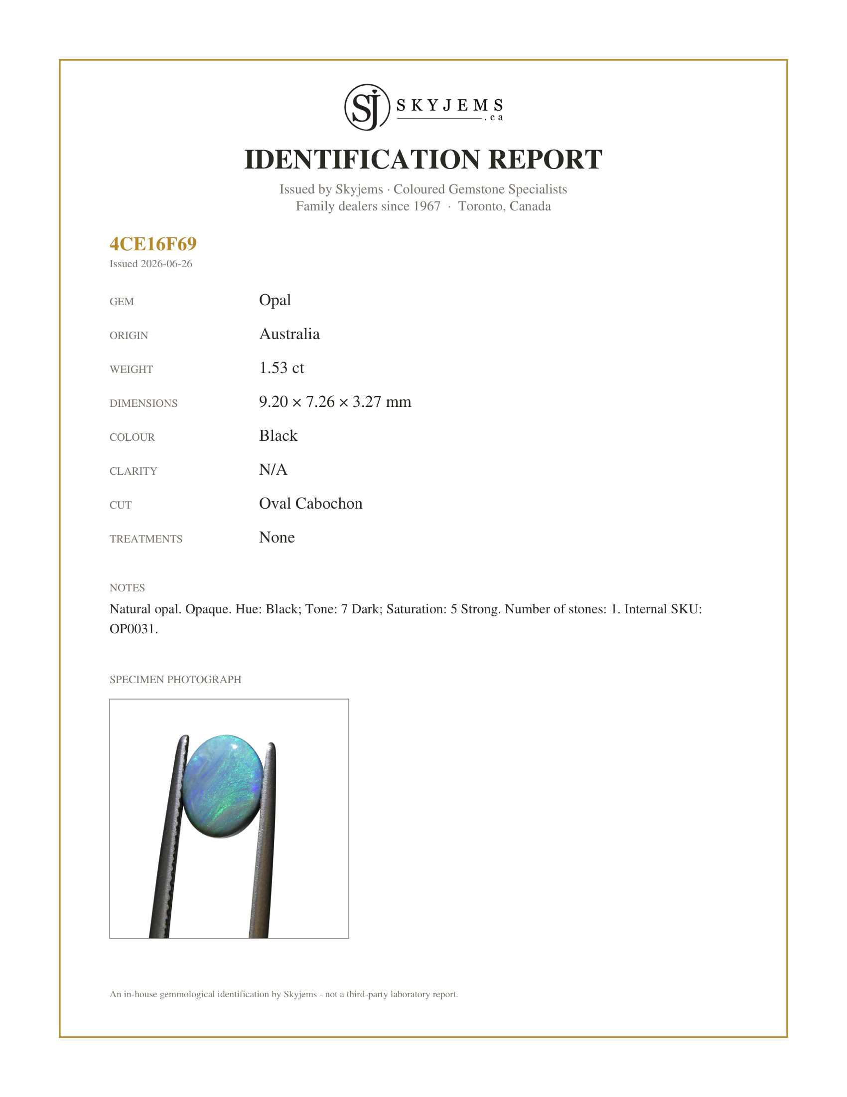 Skyjems Identification Report for OP0031 — 1.53ct Oval Cabochon Black Opal from Australia